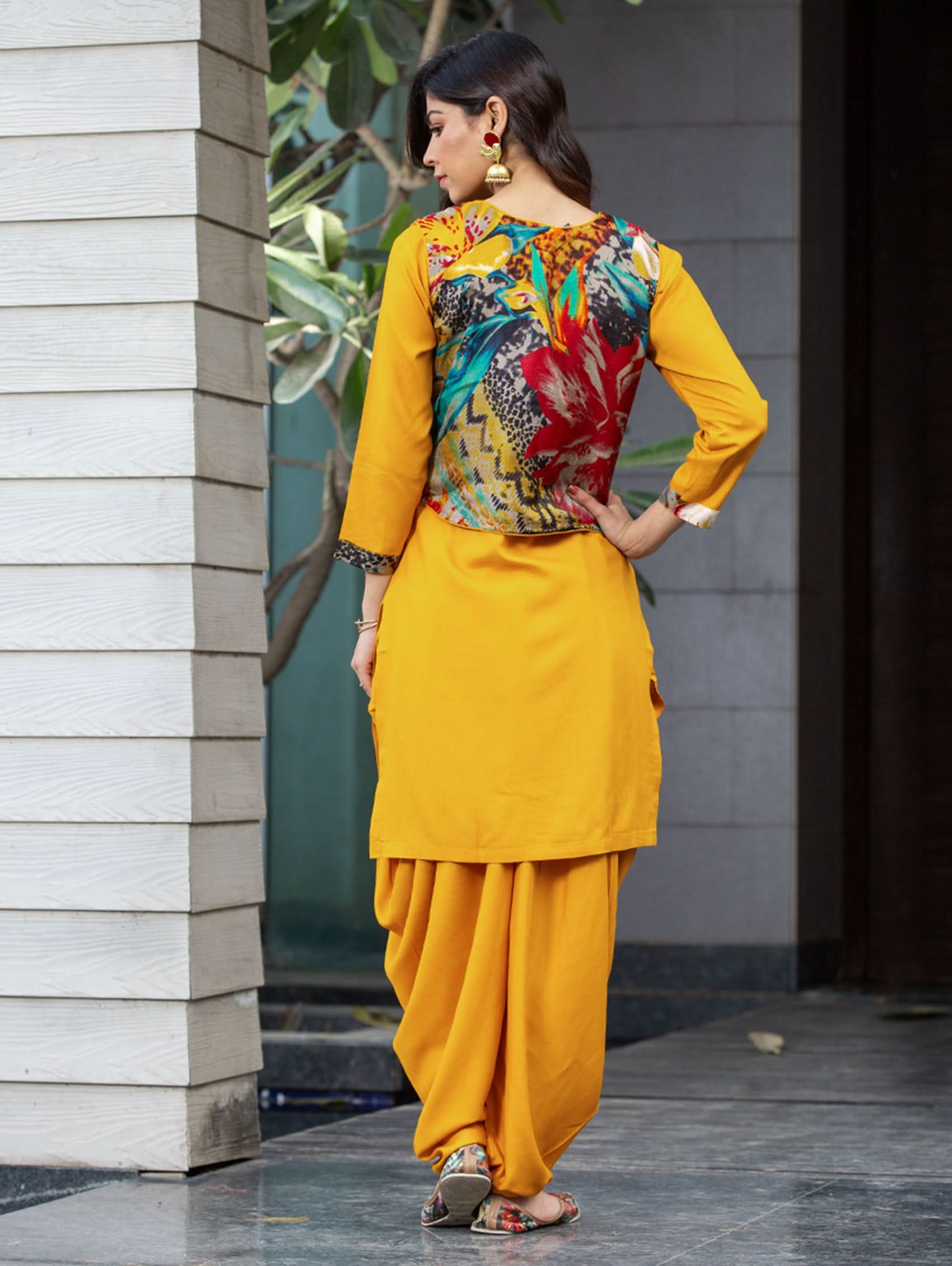 Mustard kurta set with printed back panels and matching dhoti pants