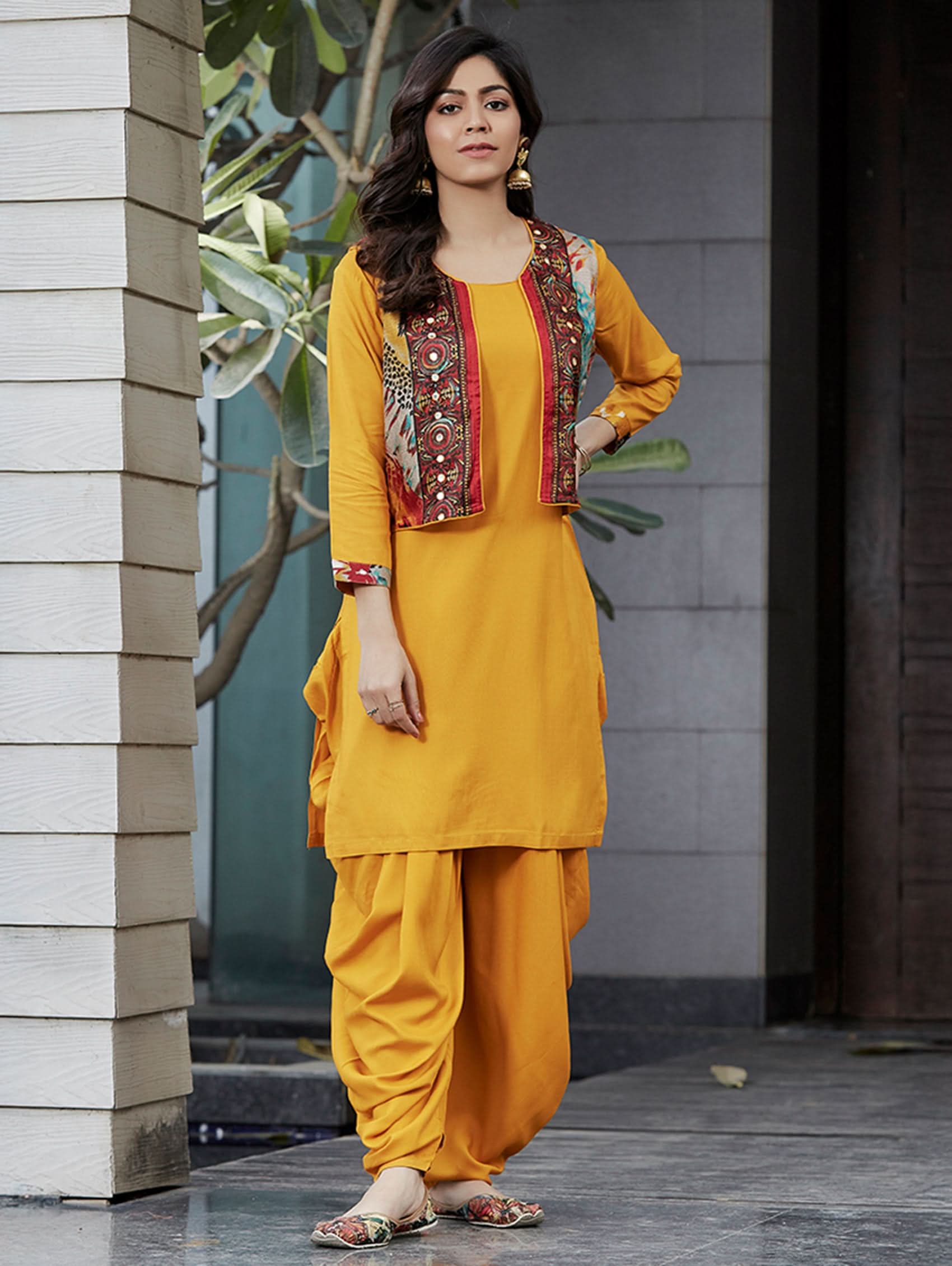Mustard printed kurta with multicolor front yoke and dhoti pants