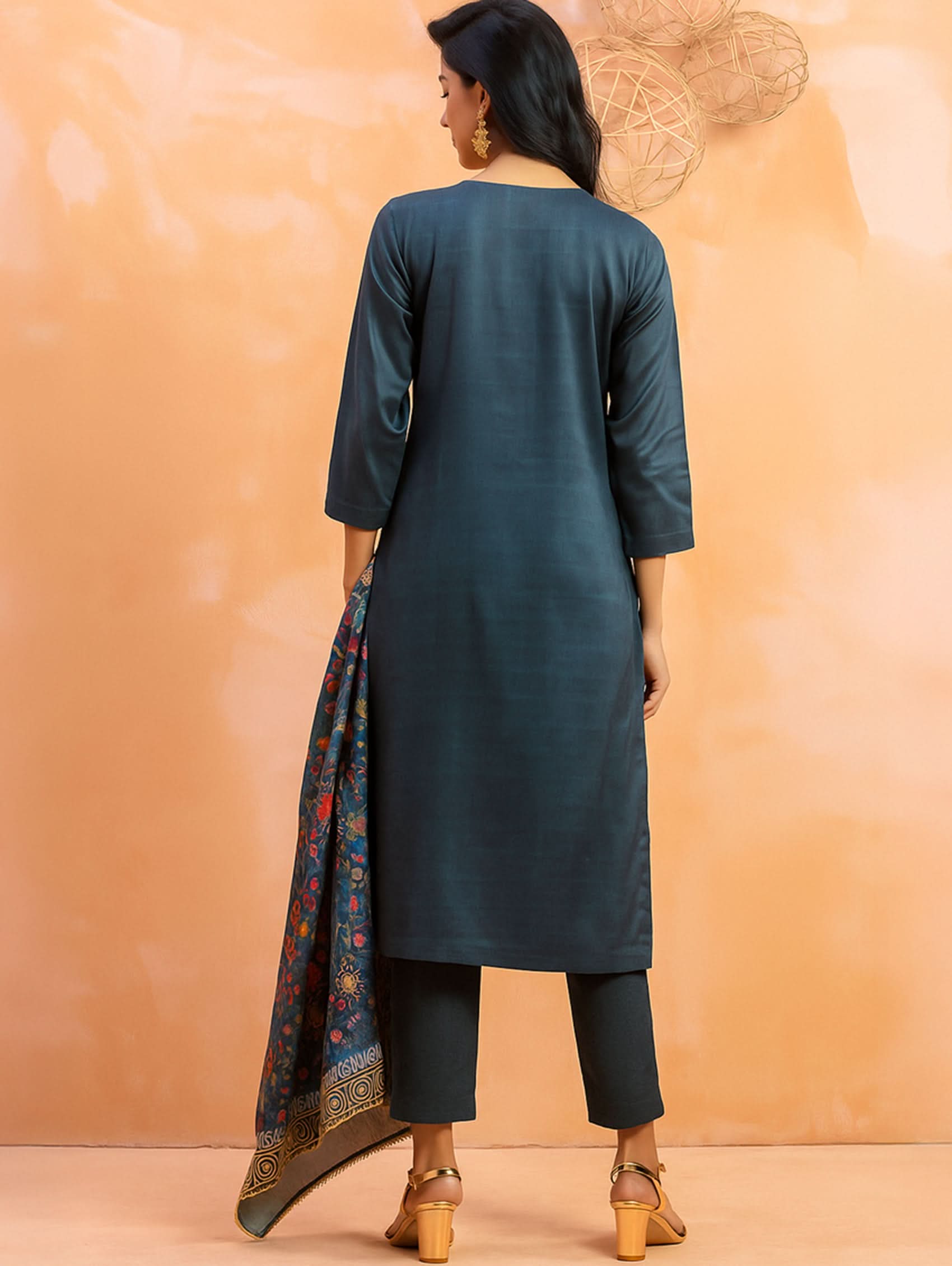 Woman wearing a teal kurta with a floral dupatta on an orange background