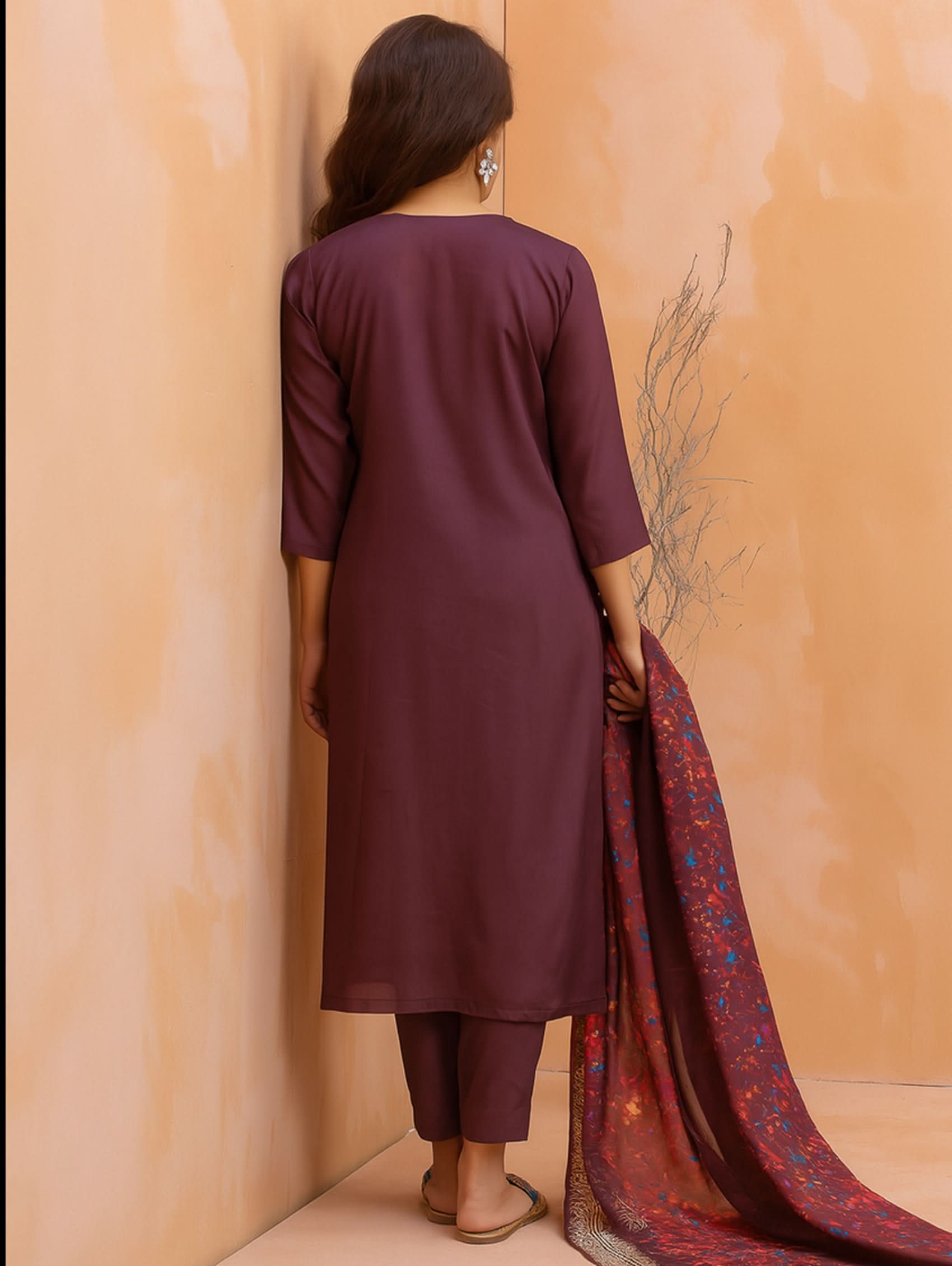 Woman in a maroon kurta with a patterned dupatta against an orange wall.