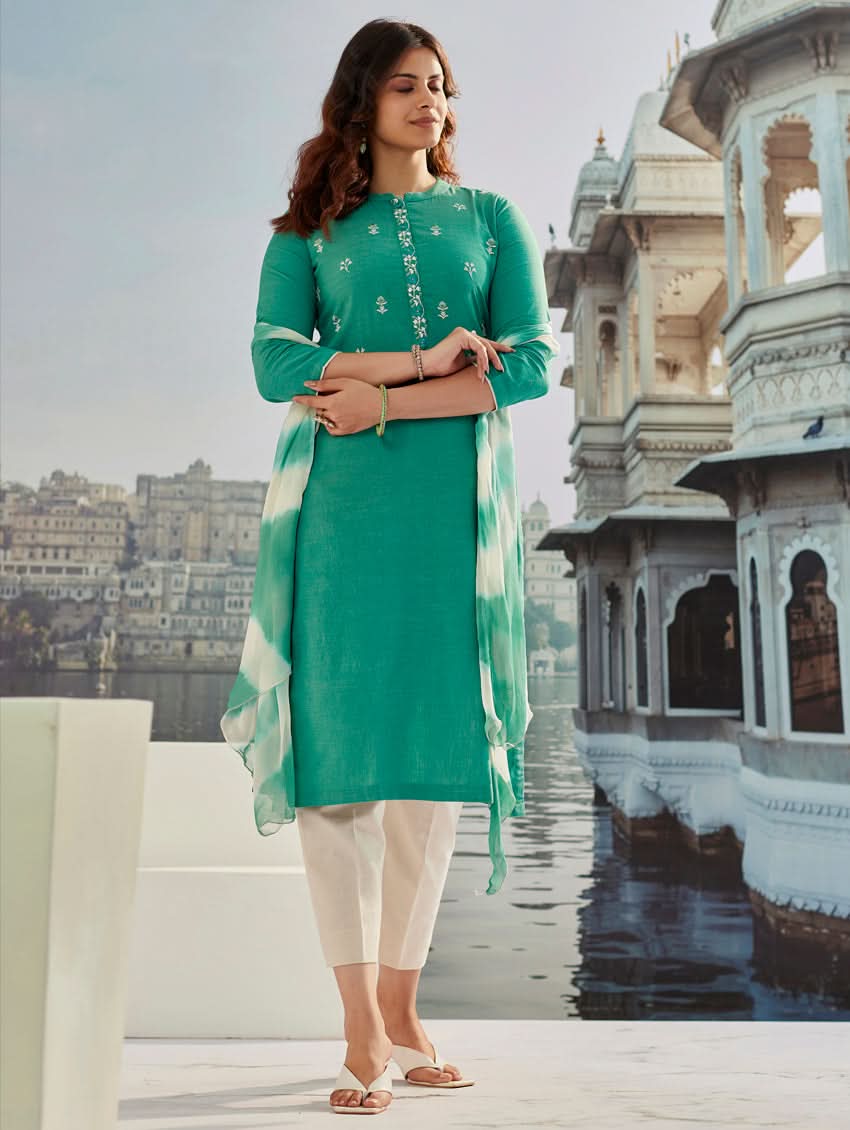 A woman wearing a solid-coloured cotton kurta with pants and a printed shiffon dupatta, standing against a backdrop of a traditional Indian palace.