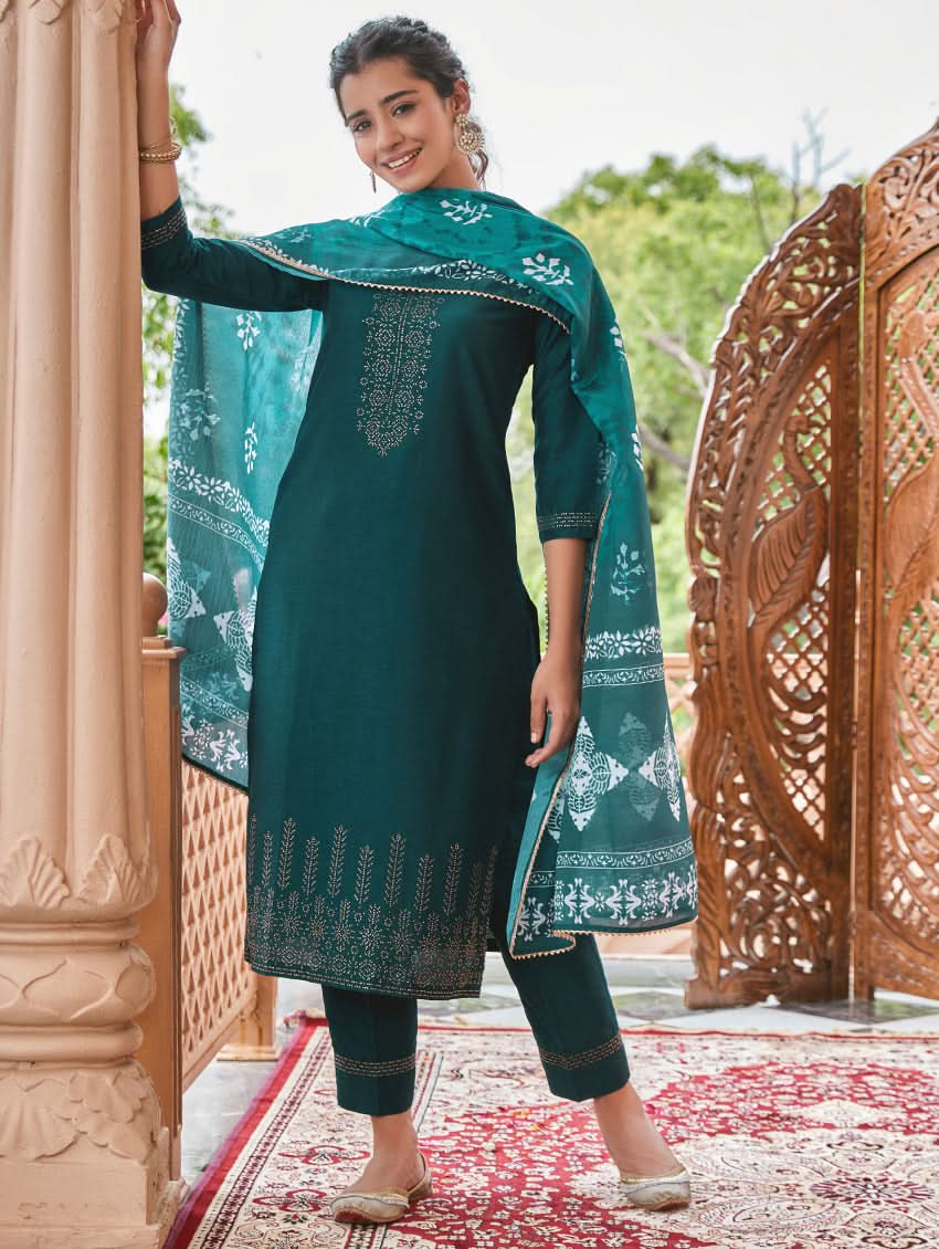 Swarvoski teal linen silk suit set: long kurta with leggings and dupatta