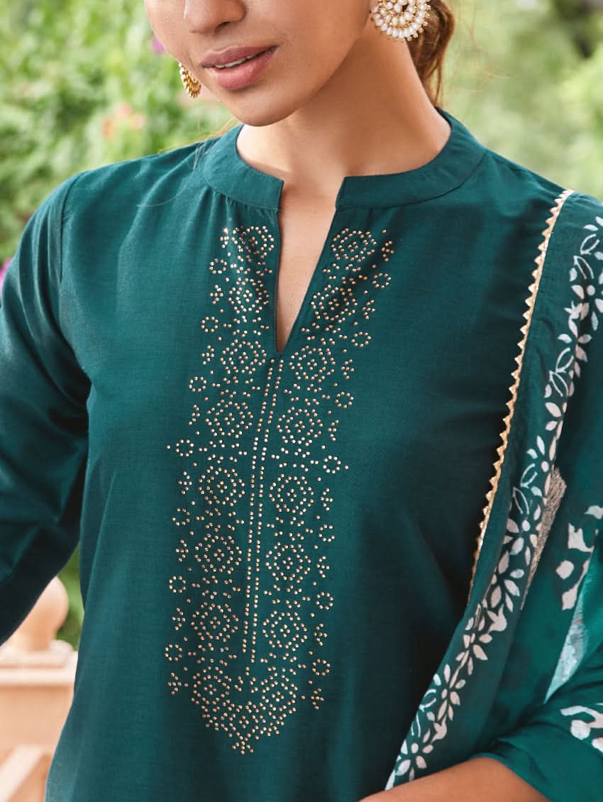 Swarvoski teal linen silk kurta with detailed embroidery V neckline