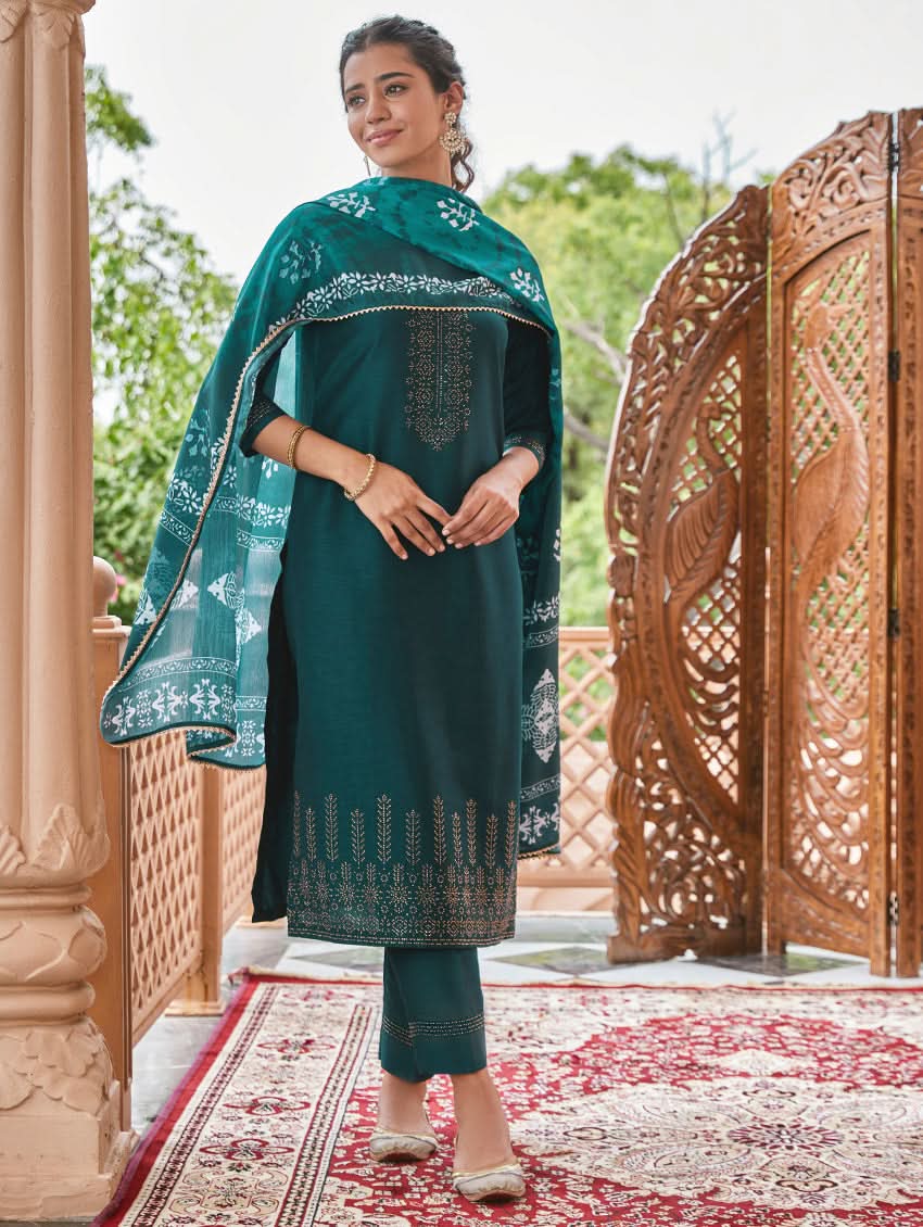 Swarvoski teal linen silk suit set with long embroidered kurta, pants, dupatta