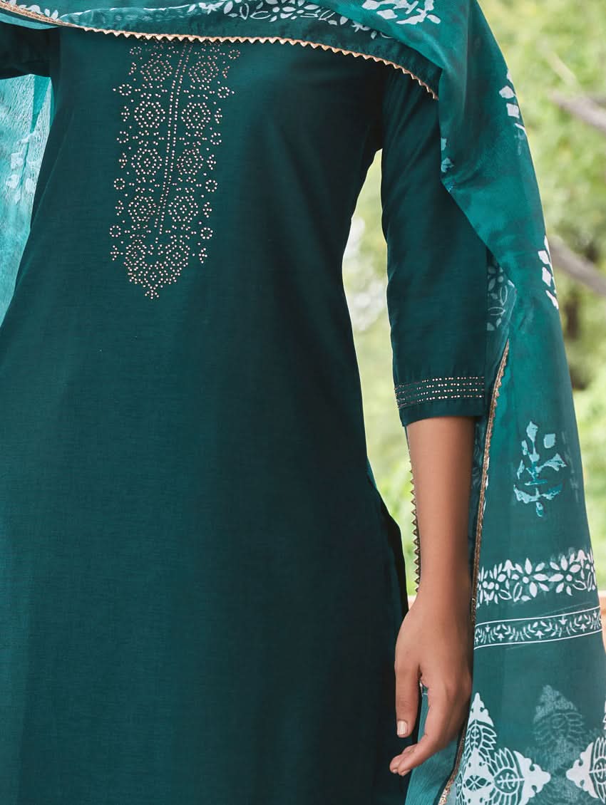 Swarvoski teal linen silk kurta with ornate back embroidery and bordered sleeve