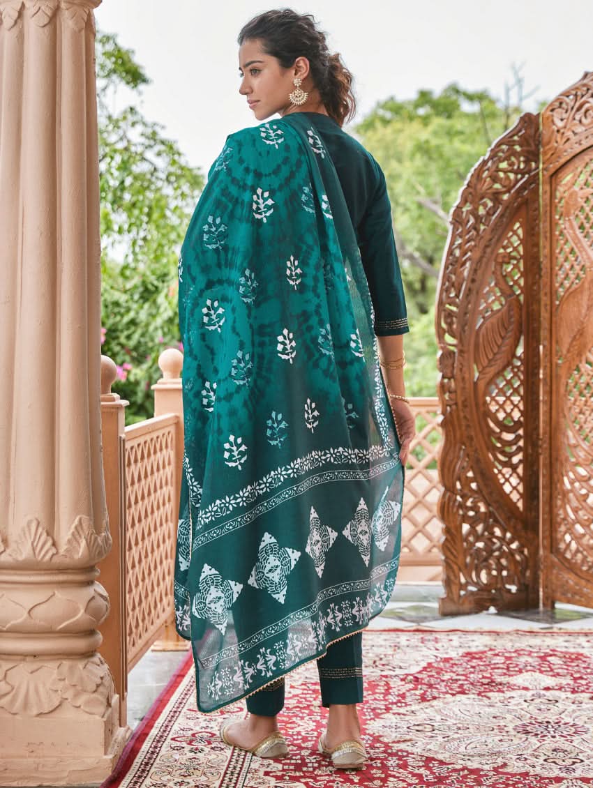 Swarvoski teal linen silk suit set: embroidered long kurta with dupatta drape