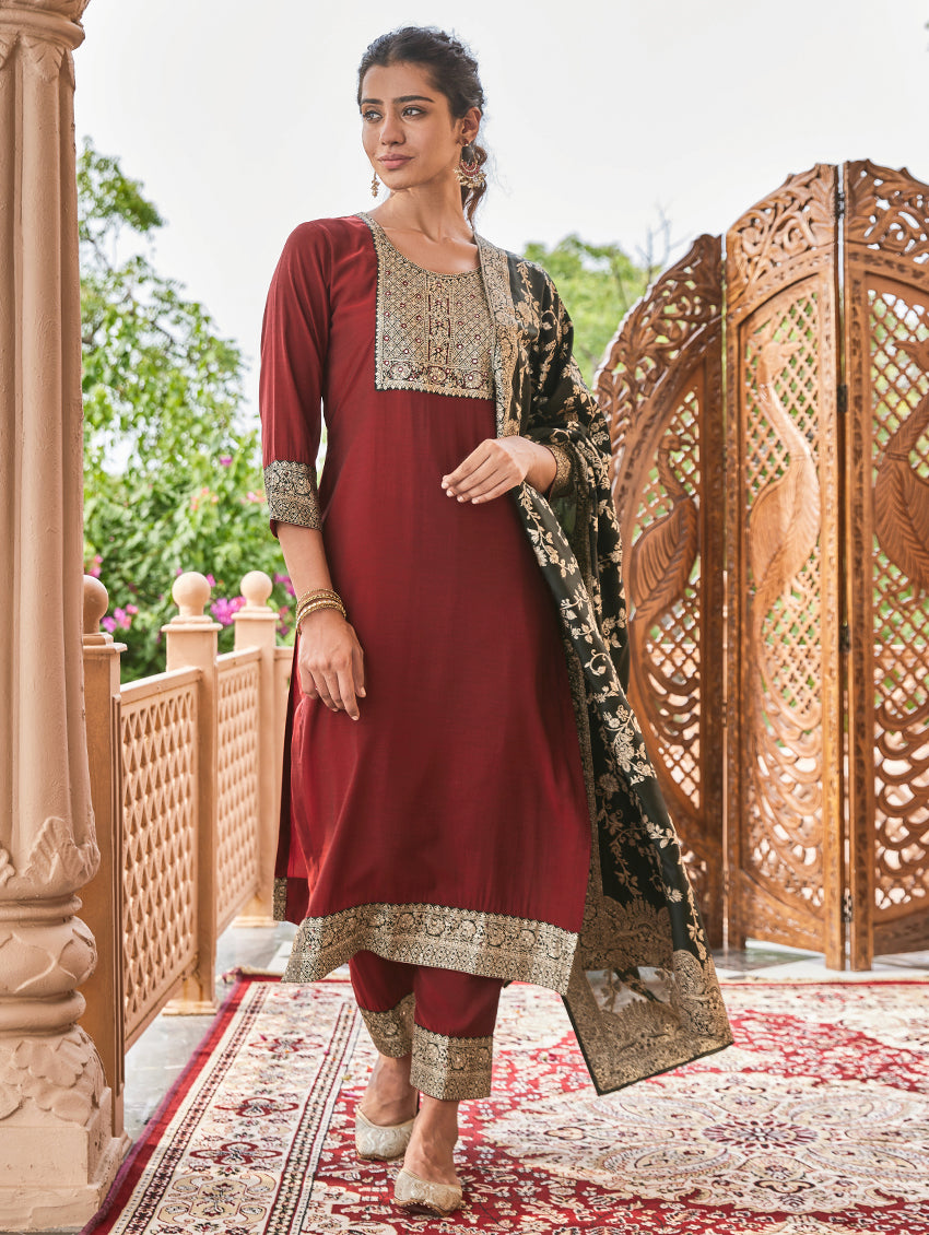 Shop HandEmbroidered Butter Silk Suit Set 3914 Online Women Plus