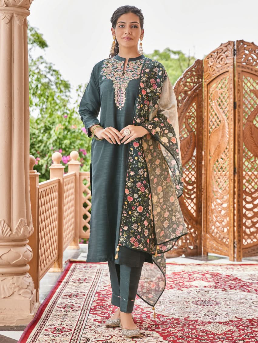 Embroidered dark teal kurta set with floral panel dupatta and matching slim trousers