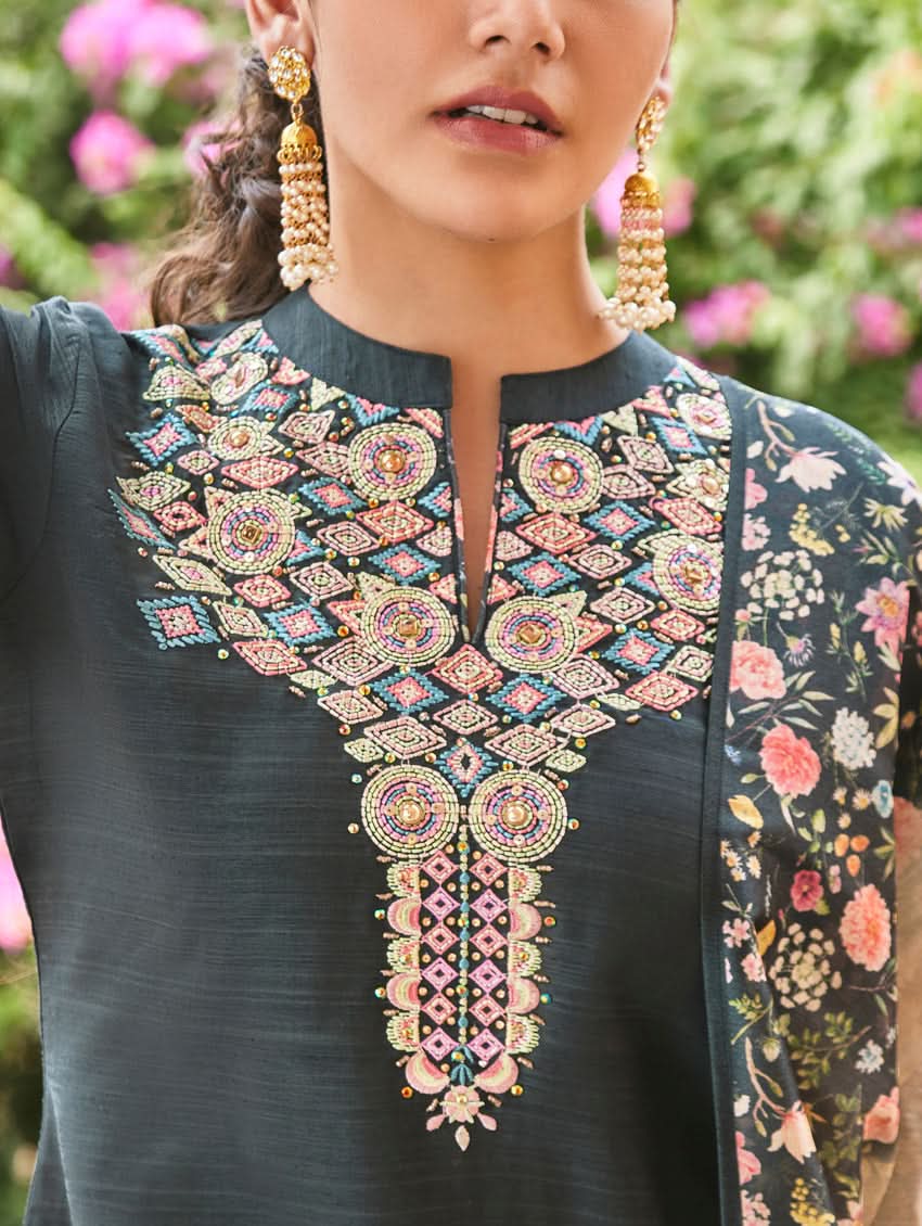 Embroidered dark teal kurta front with multicolor floral-and-chain neckline