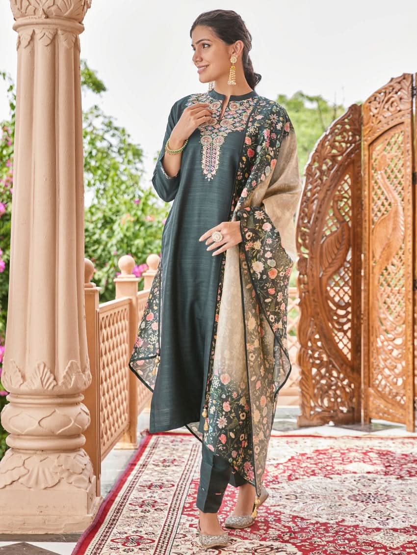 Floral embroidered dark teal kurta with openwork dupatta and slim matching trousers