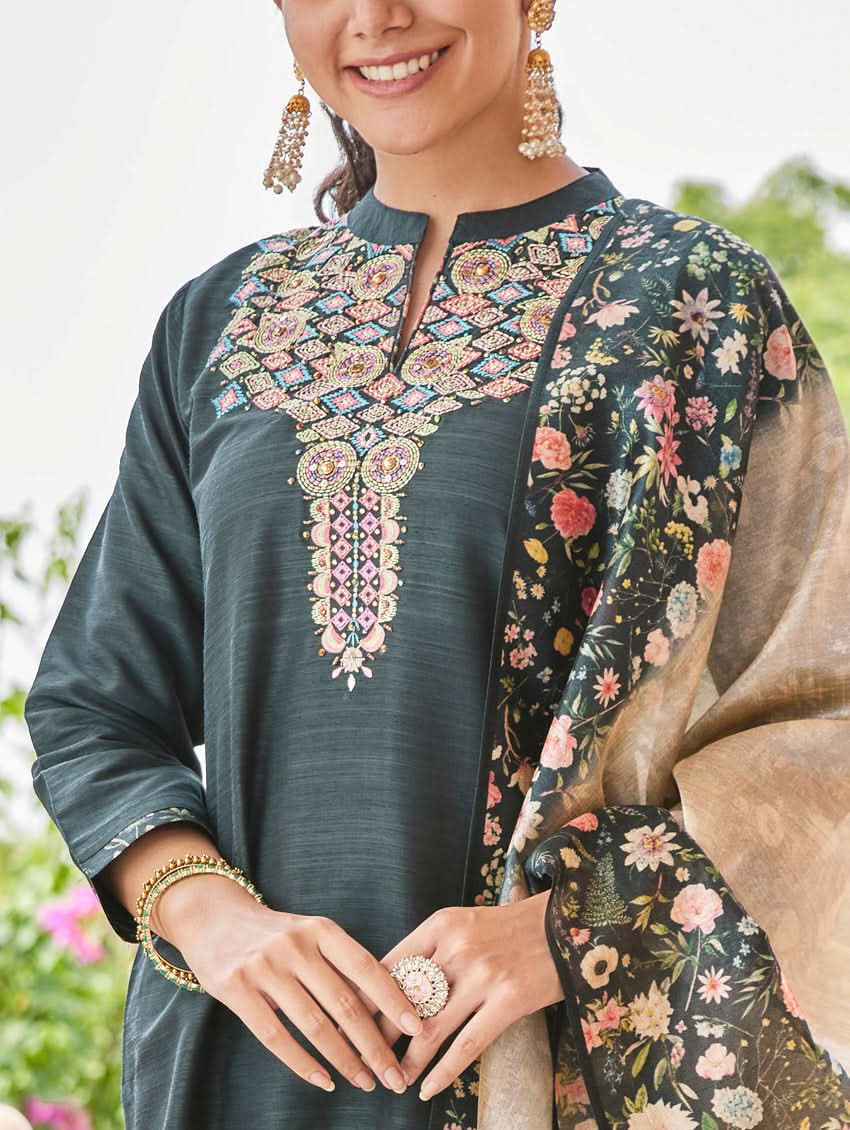 Embroidered dark teal kurta with floral yoke detail and matching dupatta