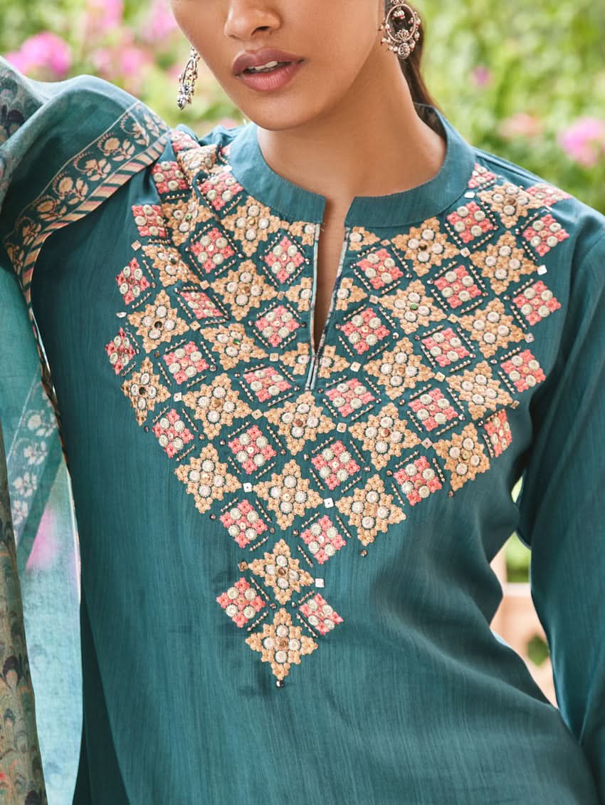 Teal silk tunic with round neckline and gold, red, beige embroidered yoke