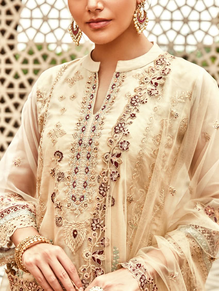 Cream embroidered kurta with jewel-toned floral motifs and open neckline
