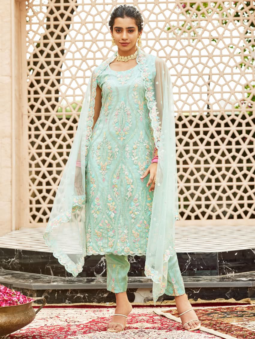 Embroidered net suit set: sleeveless light teal kurta with matching bottoms and dupatta