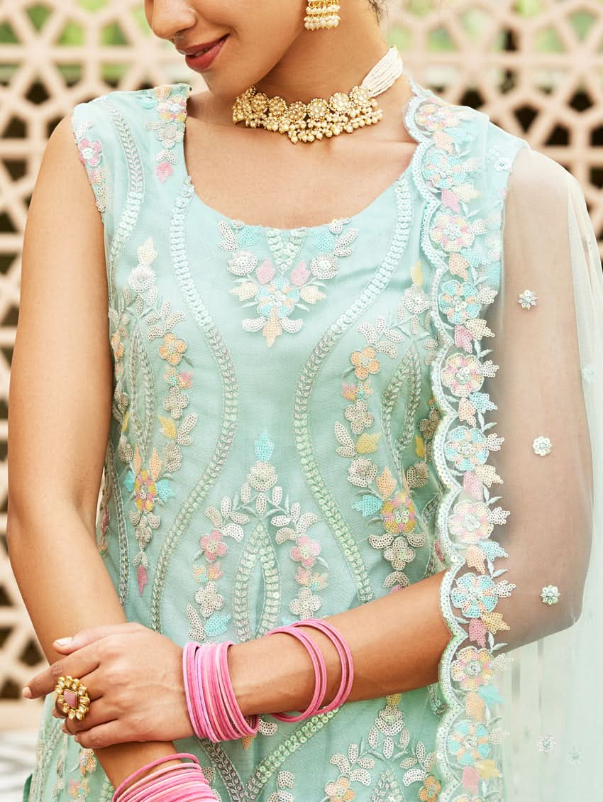 Light teal embroidered sleeveless kurta with floral motifs and scalloped neckline