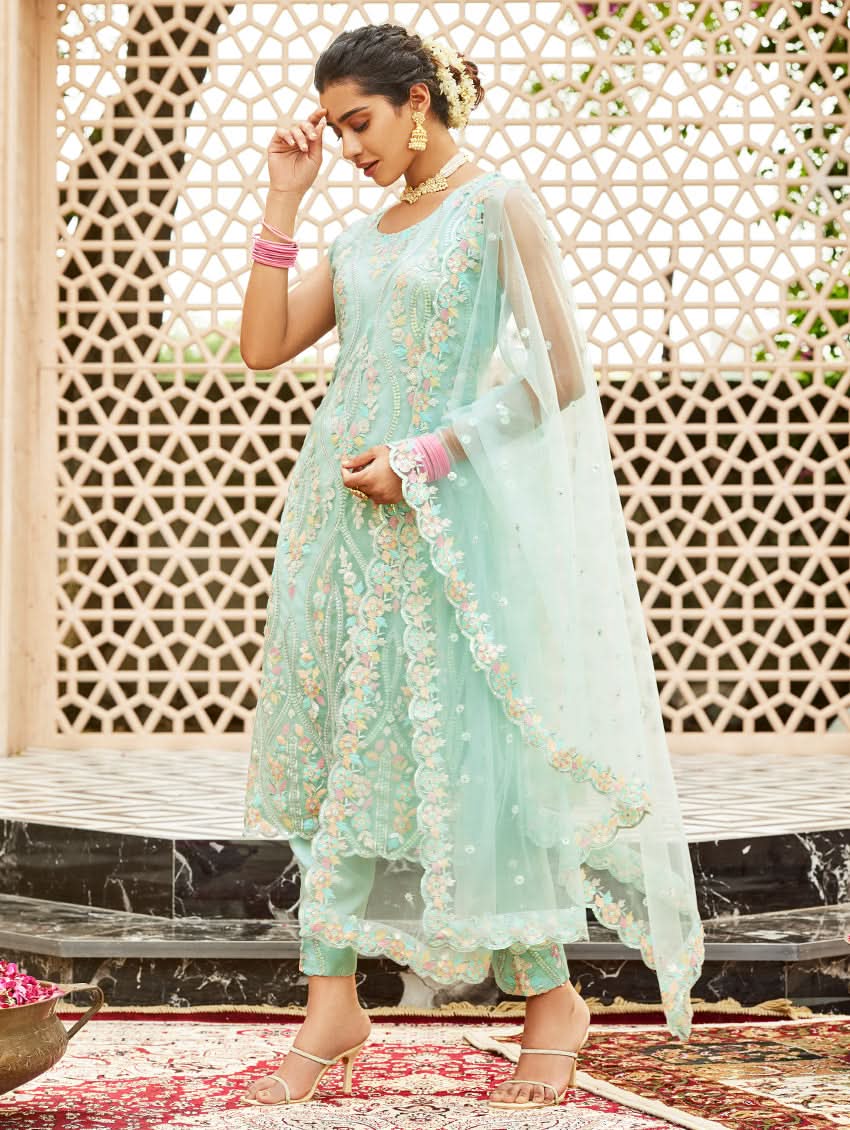 Embroidered net suit set in light teal, sleeveless kurta with sheer dupatta drape