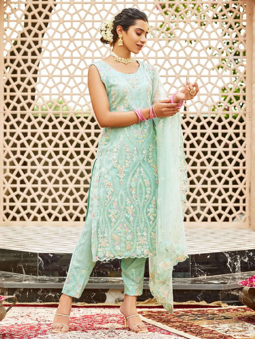 Light teal embroidered sleeveless kurta with matching pants and sheer dupatta