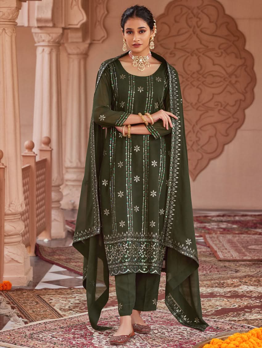 Dark green embroidered suit set with dupatta: kurta and churidar pants