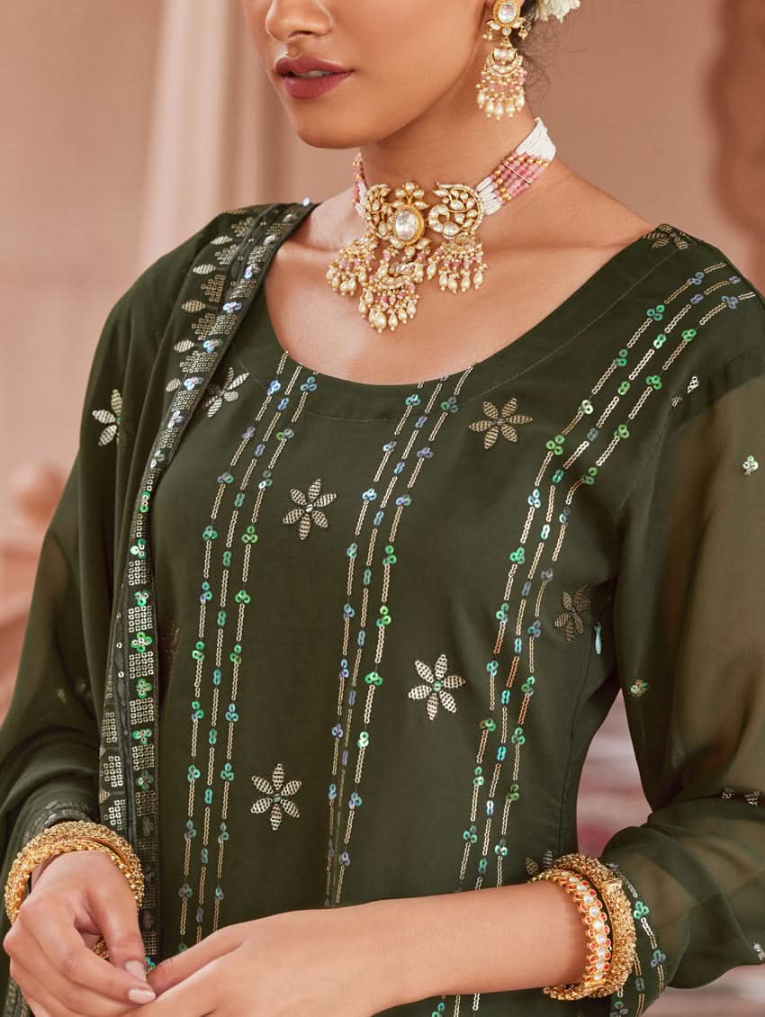 Dark green kurta close-up with multicolor embroidery at neckline and center panel
