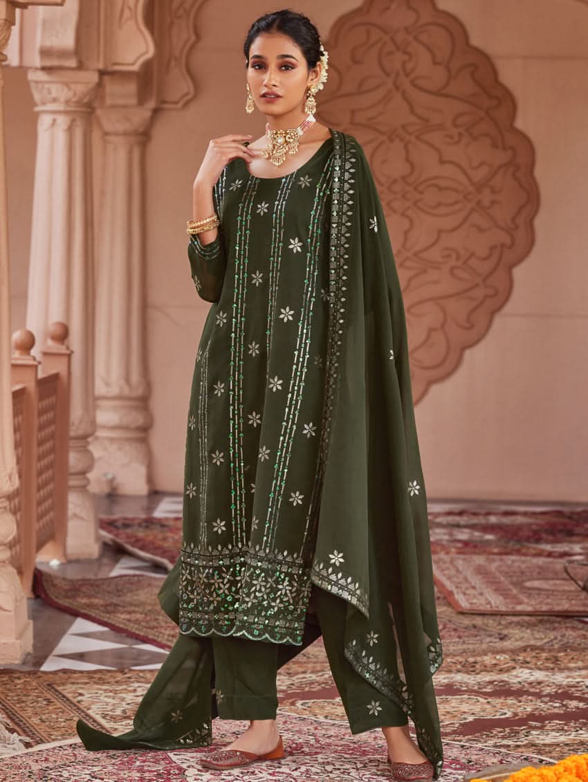 Dark green embroidered kurta suit set with dupatta, full-length front view