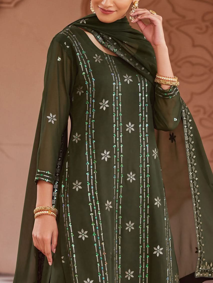 Dark green kurta close-up with vertical threadwork stripes and small floral motifs