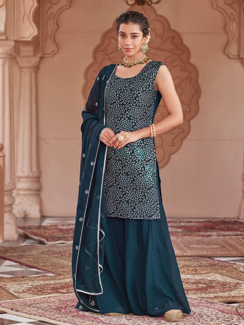 Embroidered dark teal sharara suit set with sleeveless tunic, flared pants, dupatta