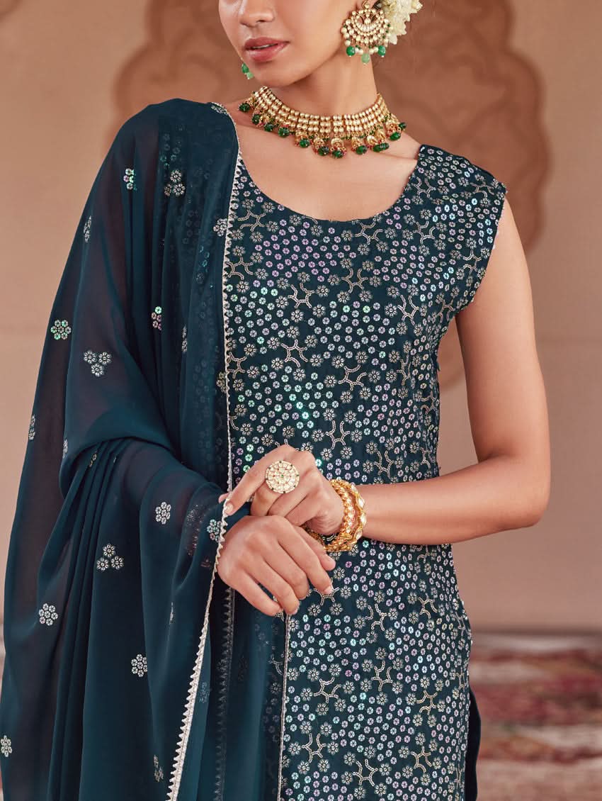 Embroidered dark teal sleeveless tunic with allover sequin motifs and round neckline