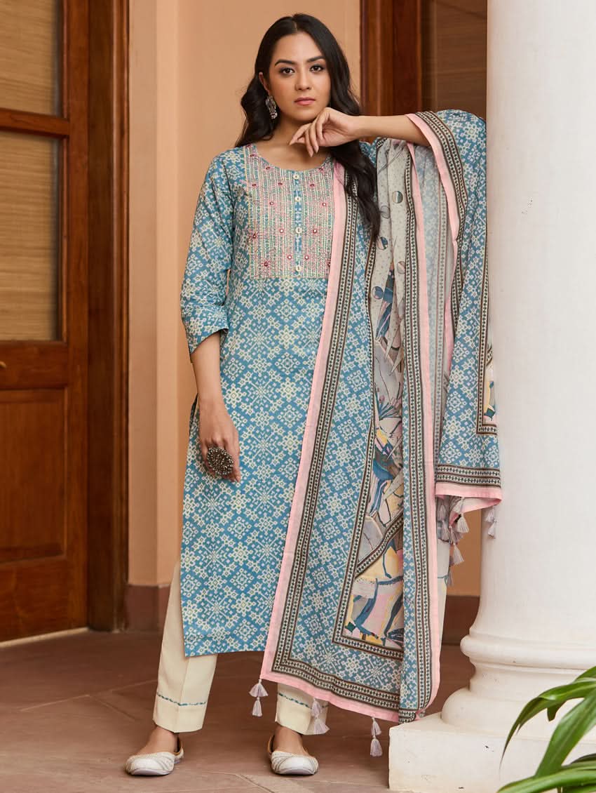 Embroidered cotton suit set in blue with pink border, long kurta, cream pants, dupatta