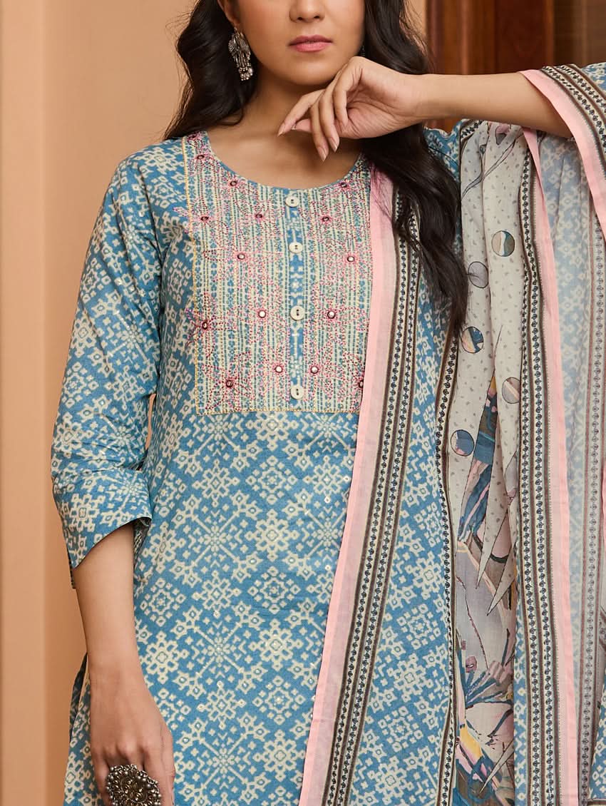 Embroidered cotton kurta in blue with vertical pink trim and detailed round neckline