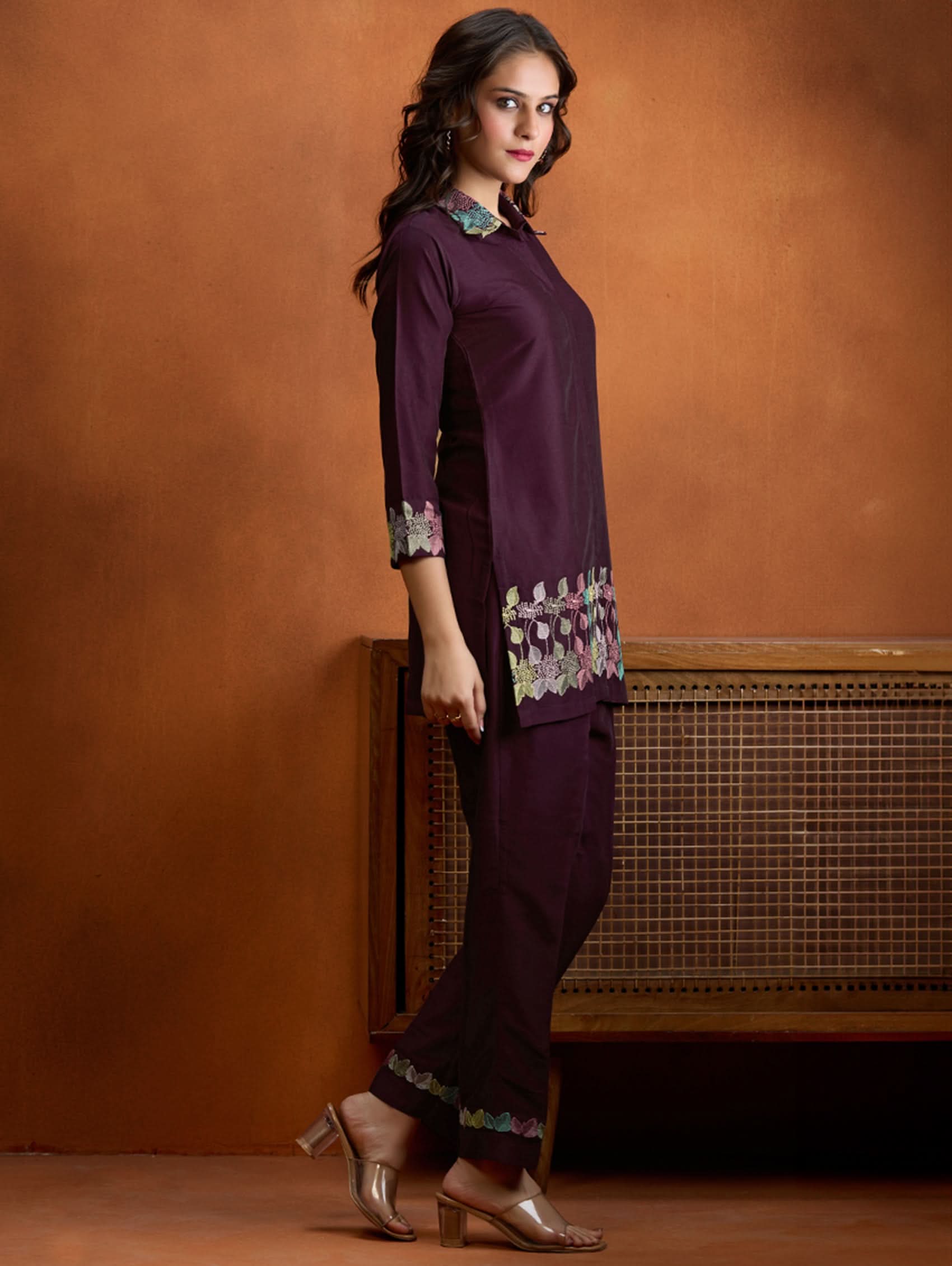 Dark maroon embroidered co-ord set: tunic top and tapered trousers with hem border