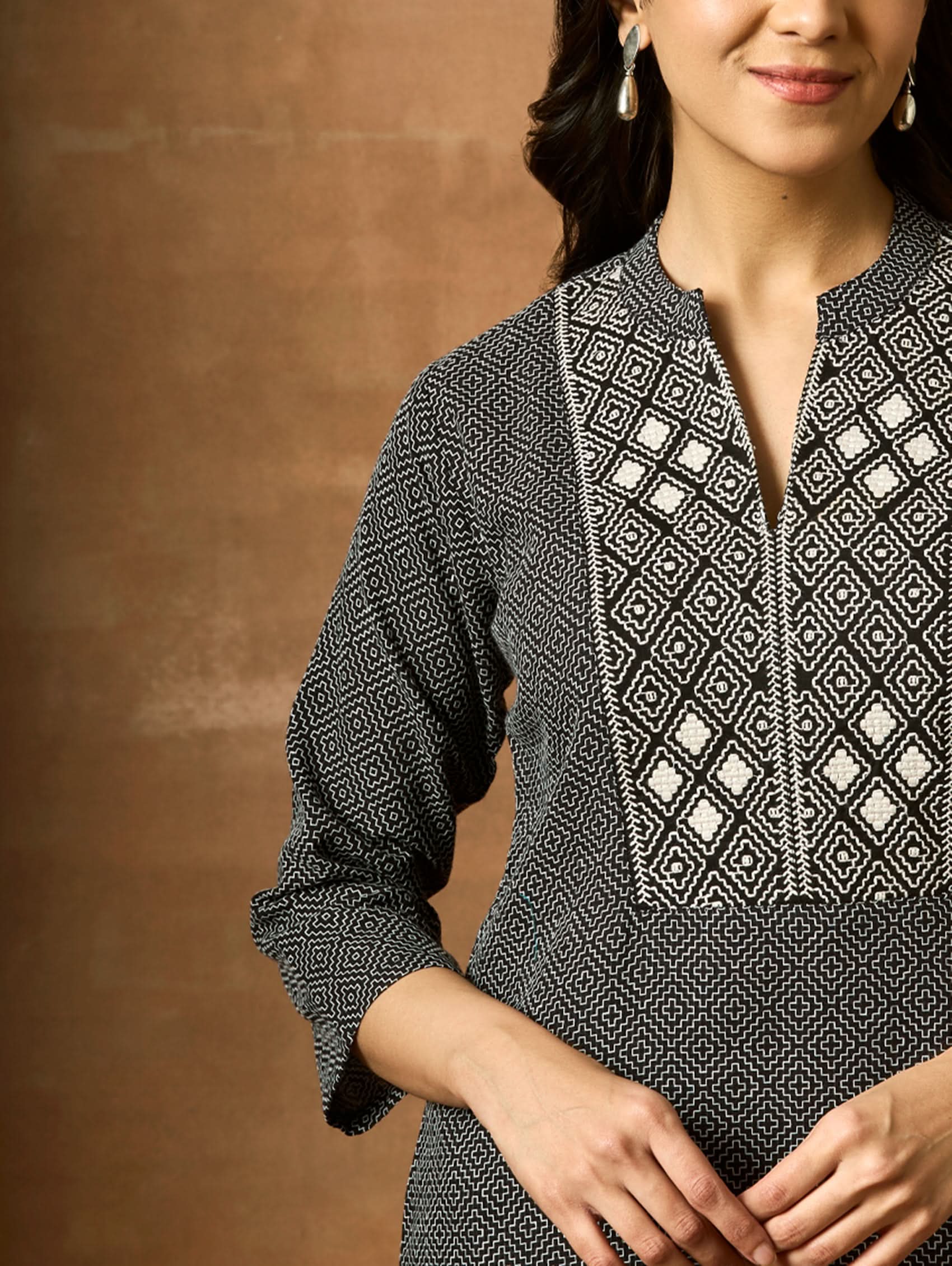 Embroidered cotton kurta neckline and chest yoke with geometric stitch pattern