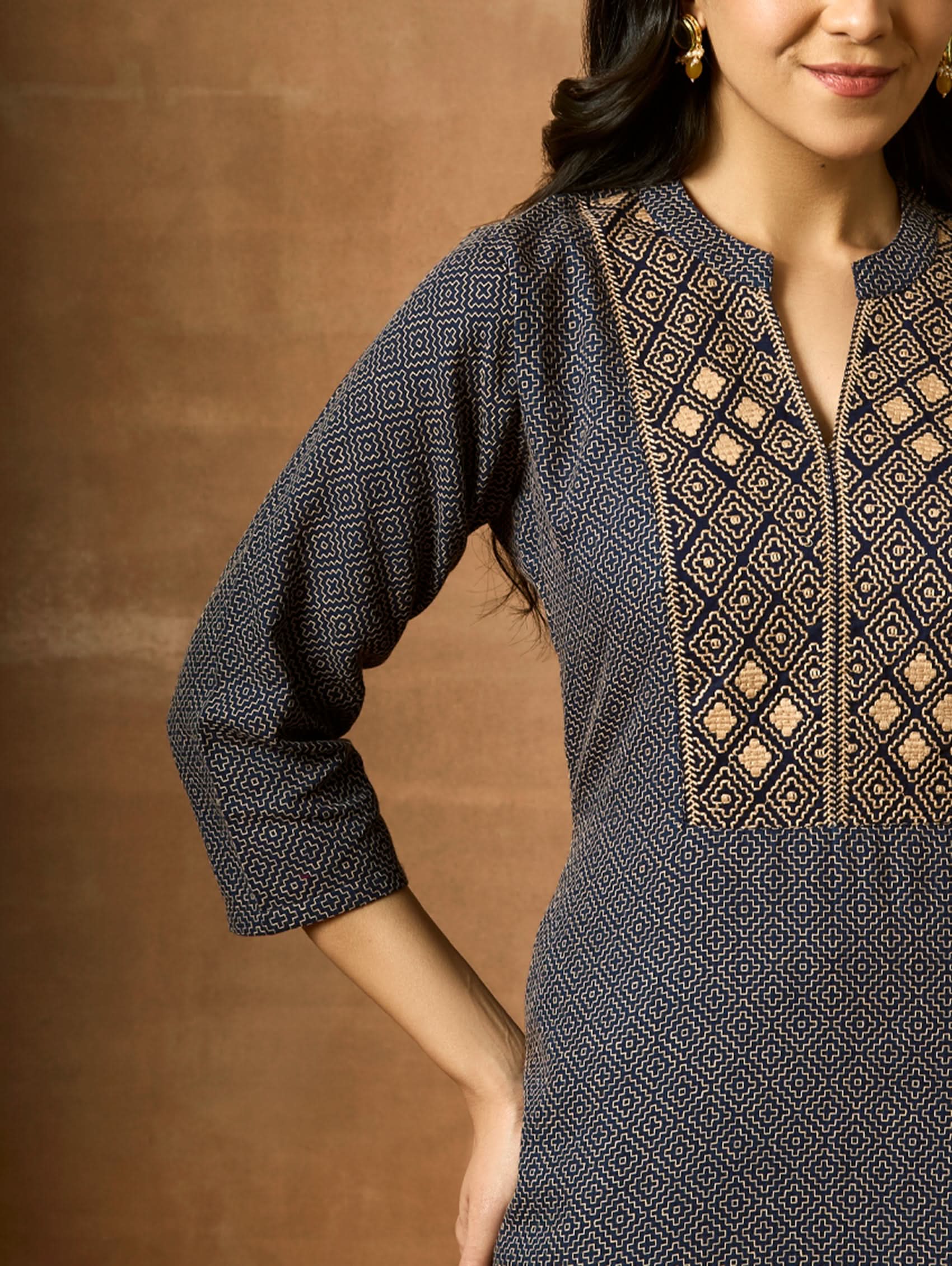 Embroidered cotton kurta sleeve and side front panel with geometric pattern and cuffs