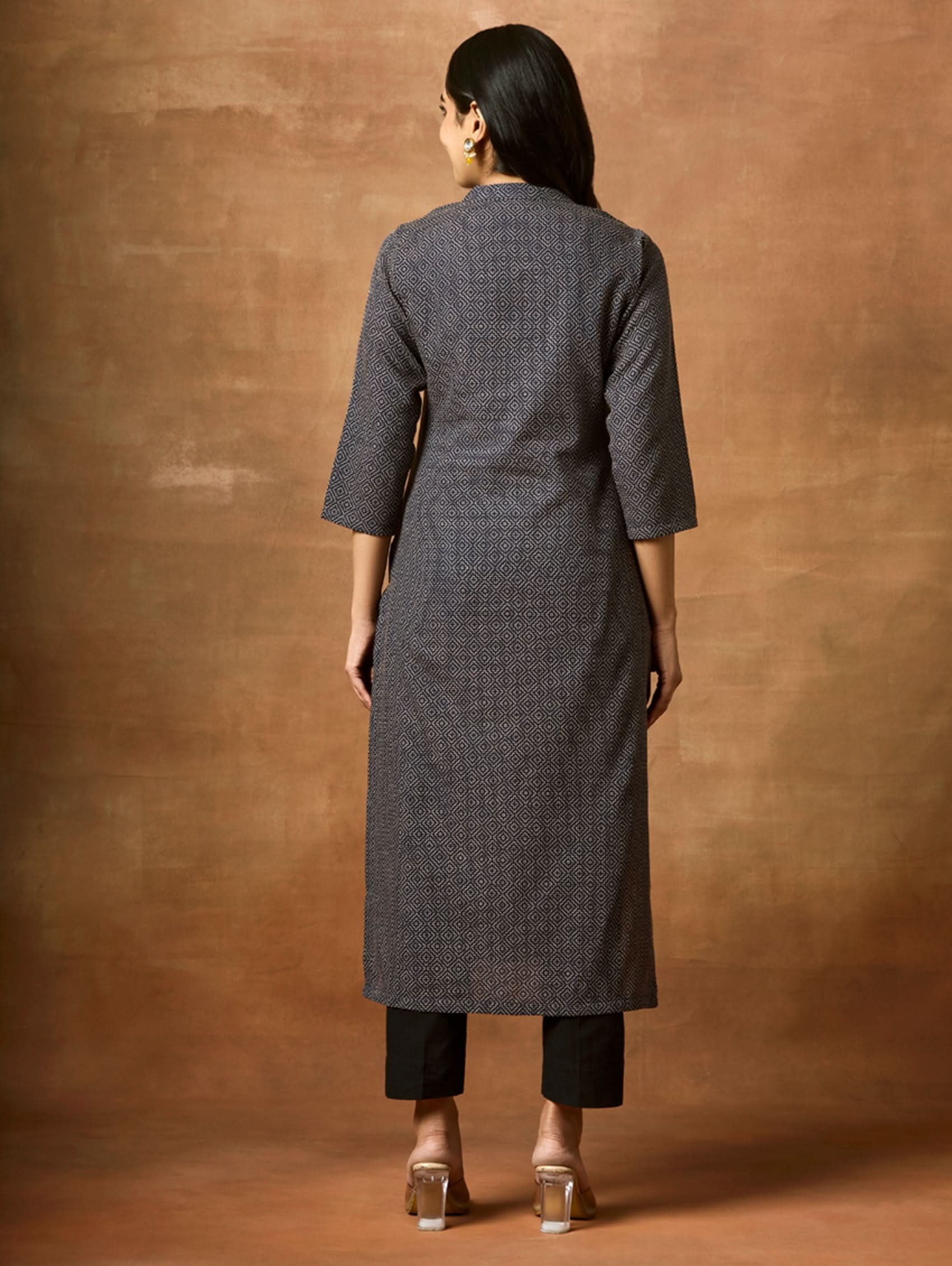 Dark pure cotton kurta with 3/4 sleeves and back yoke embroidery detail