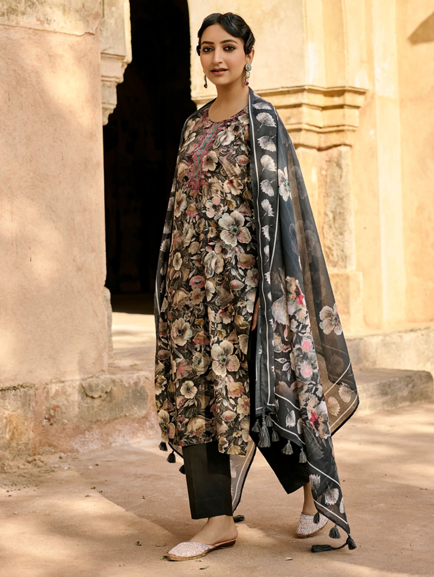 Embroidered cotton suit set with black floral long kurta, black leggings, sheer dupatta
