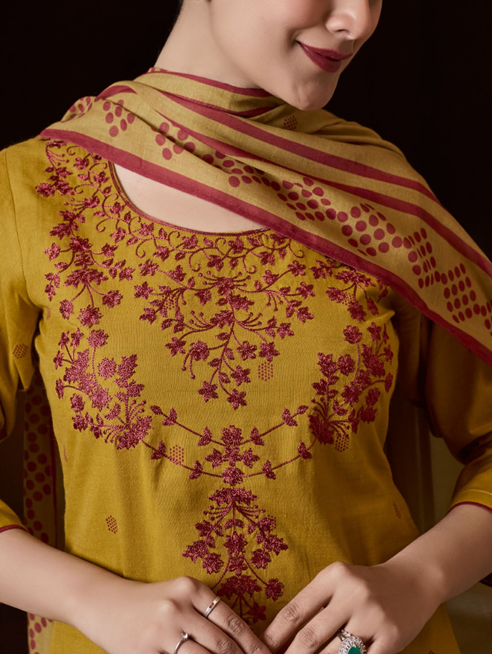 Woman wearing a yellow embroidered outfit with a matching dupatta.