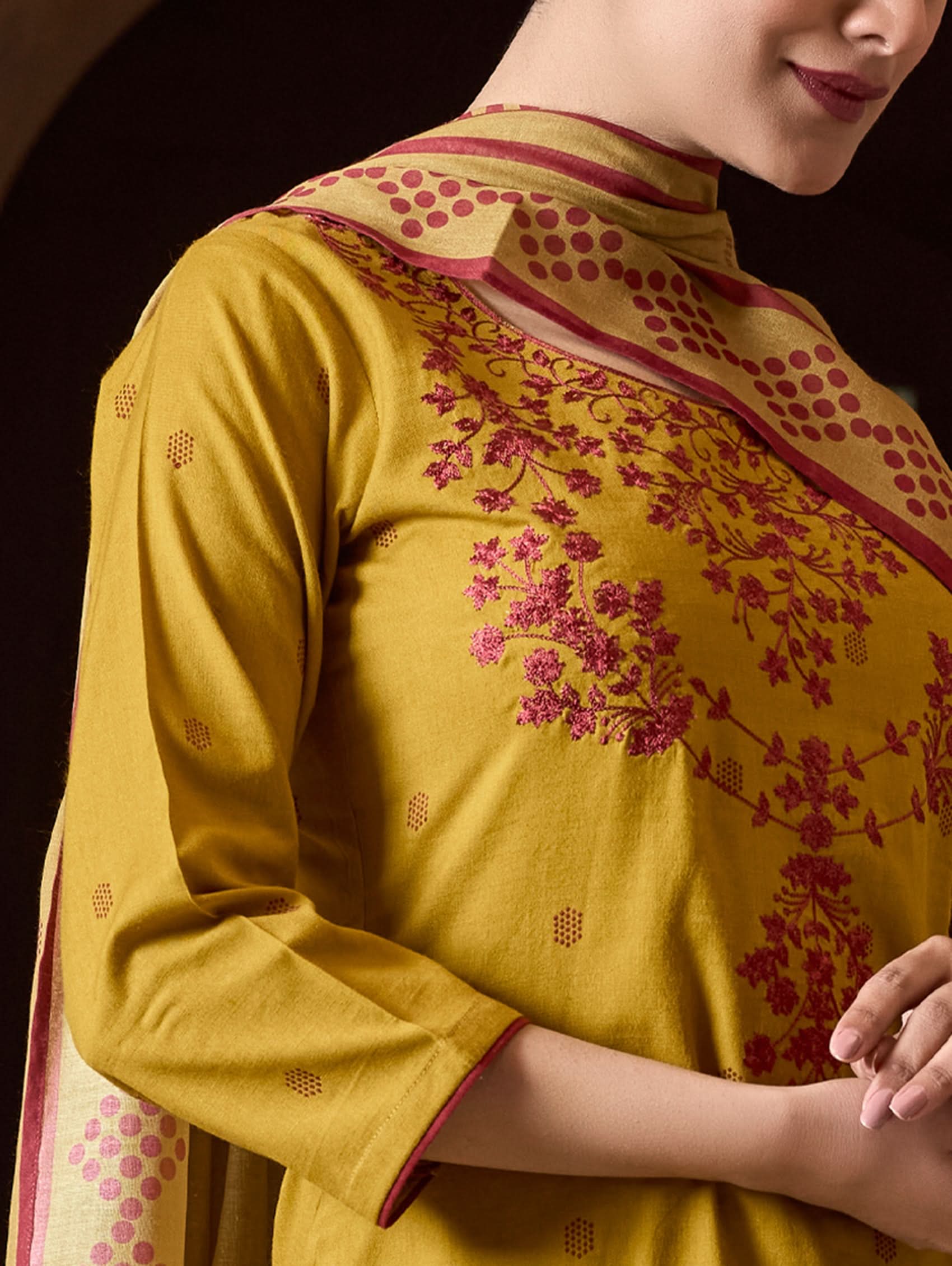 Yellow traditional outfit with floral patterns on a dark background