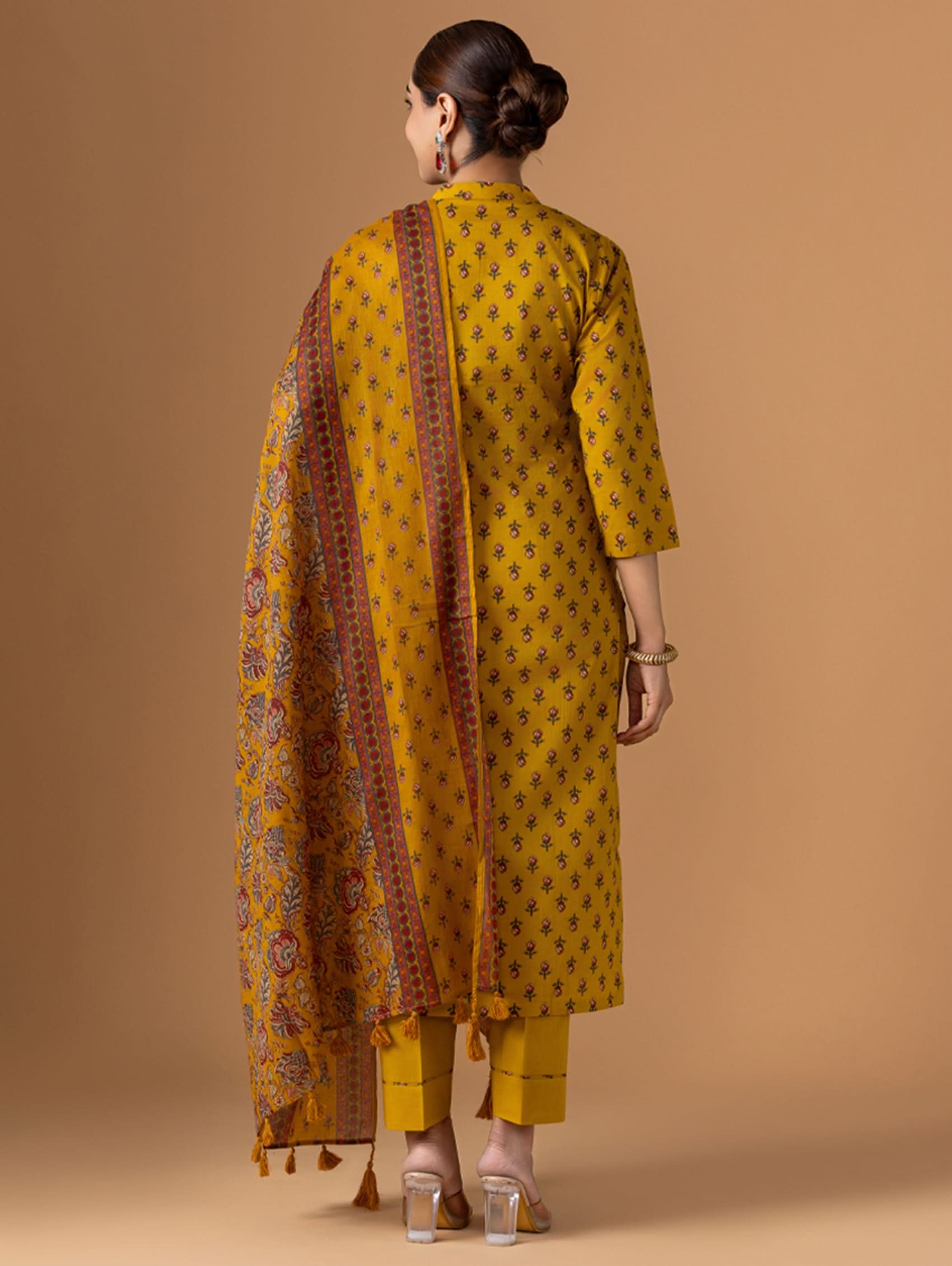 Embroidered yellow cotton suit set with long back panel and draped dupatta