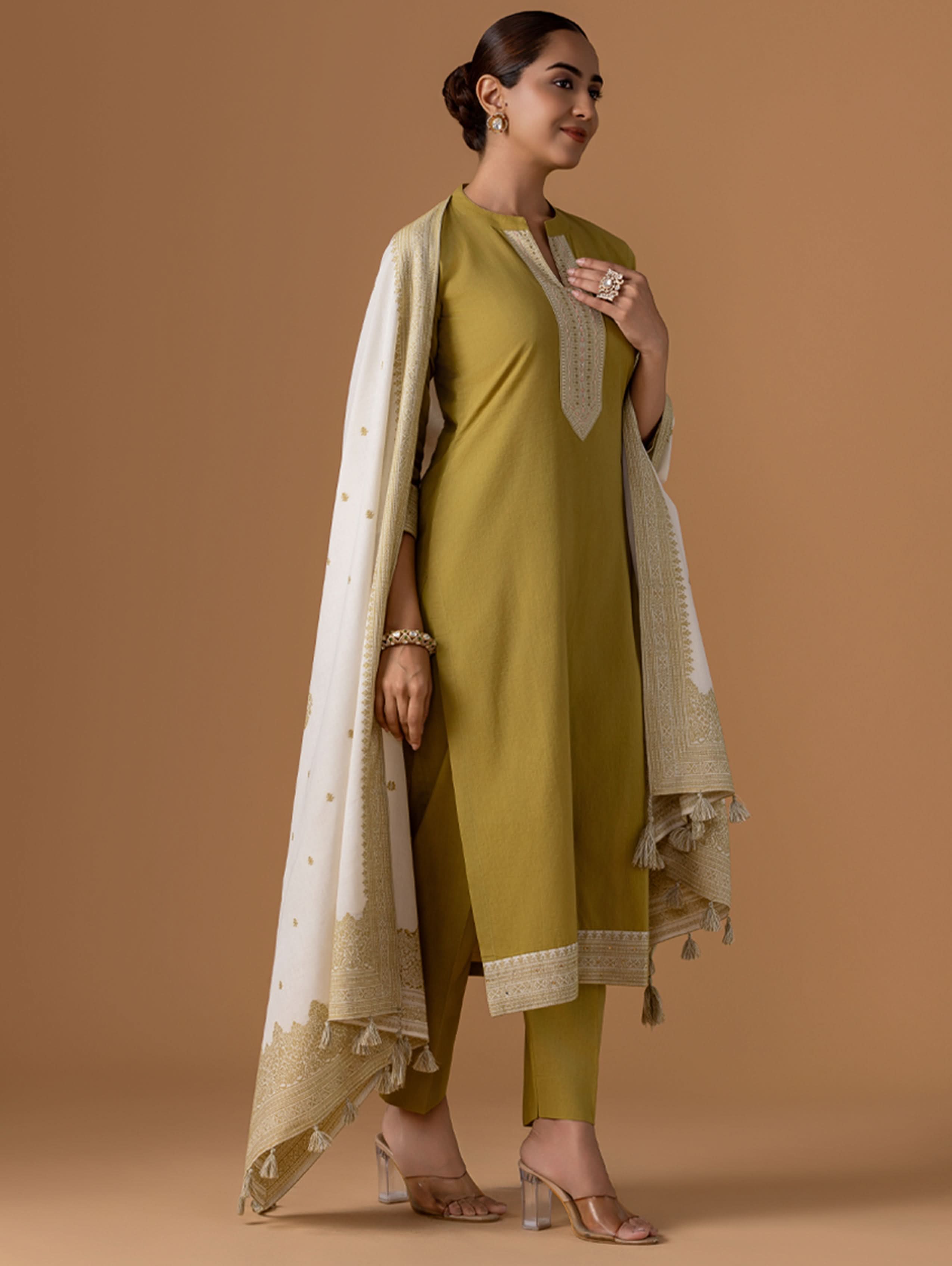 Woman wearing a green traditional outfit with a white and beige dupatta against a brown background.