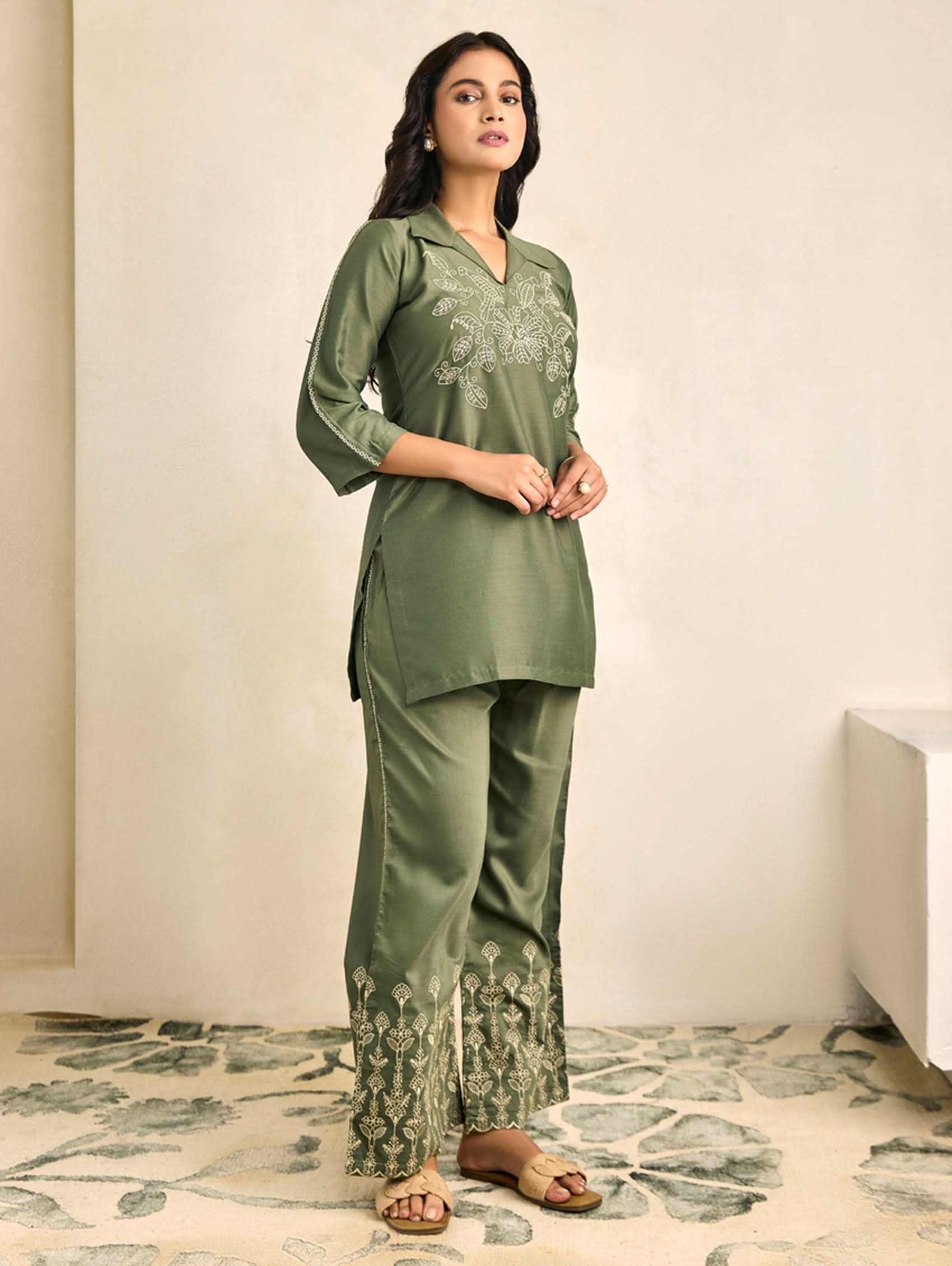 Green embroidered tunic top and matching wide-leg trousers set, full front