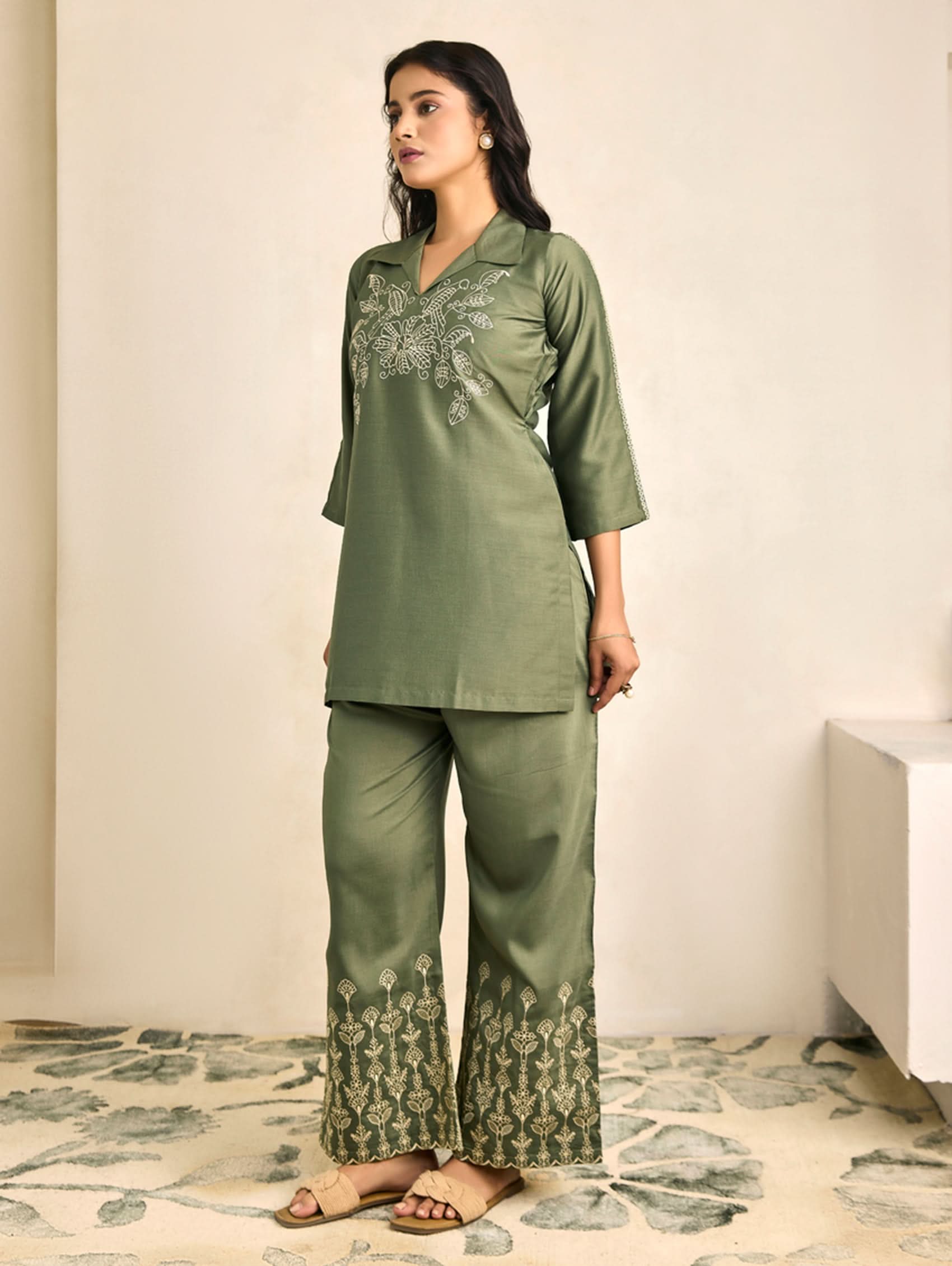 Green embroidered tunic top and wide-leg trousers set, side view