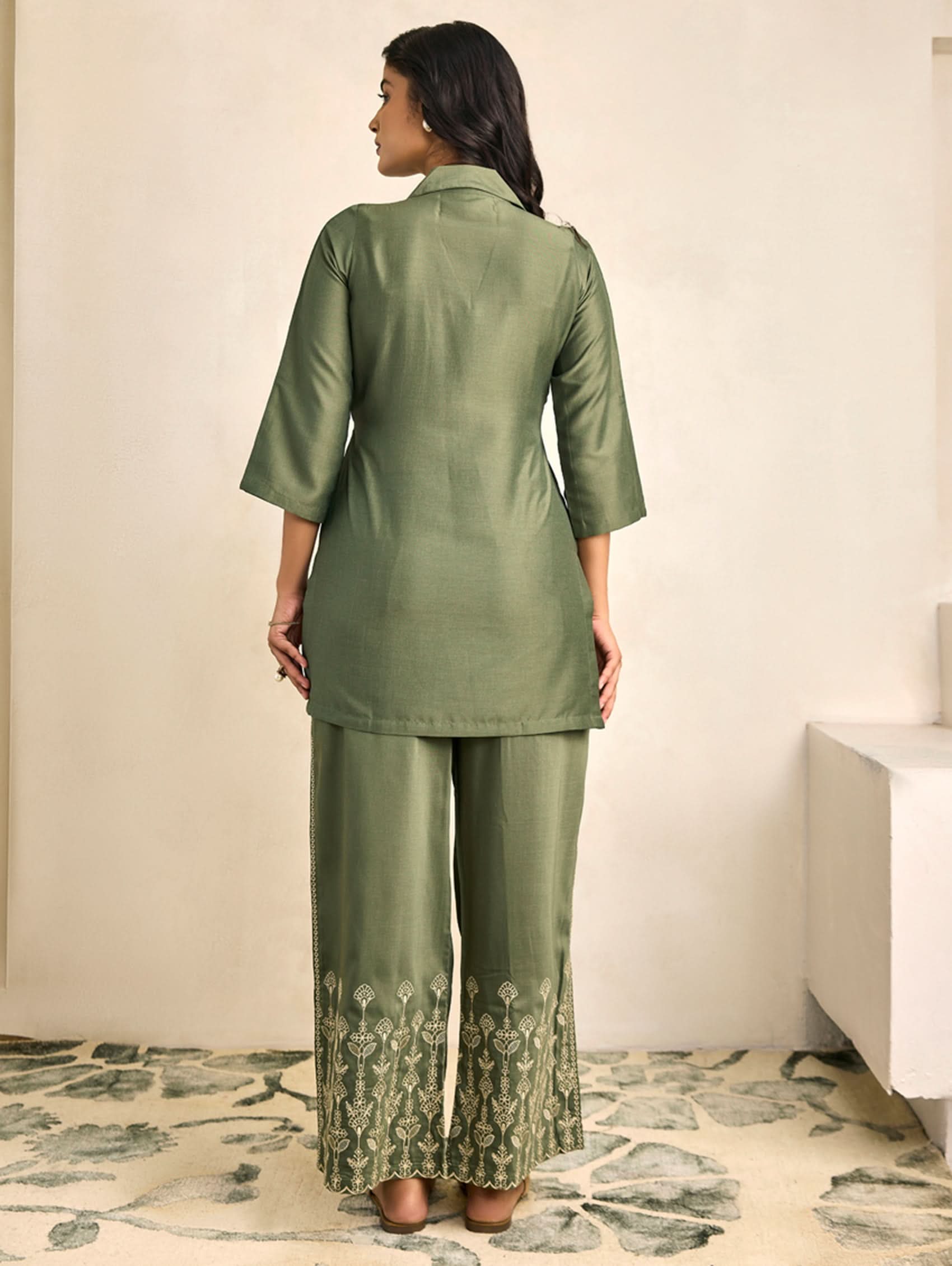 Green embroidered tunic top and wide-leg trousers set, back view