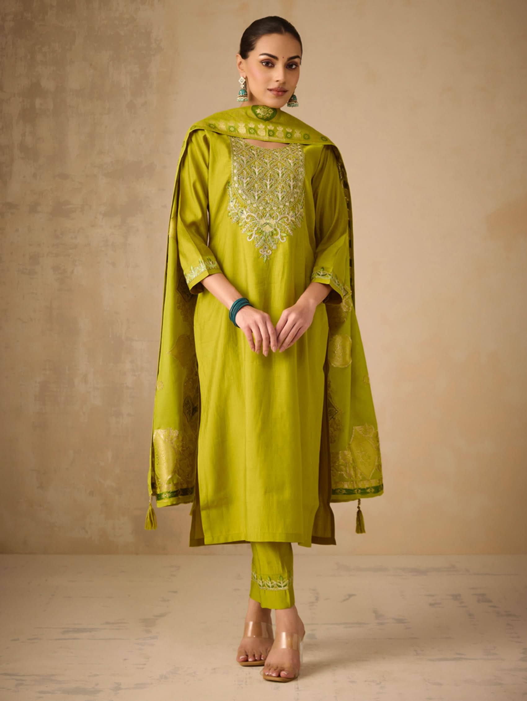 Embroidered lime-green suit set with matching straight pants and dupatta