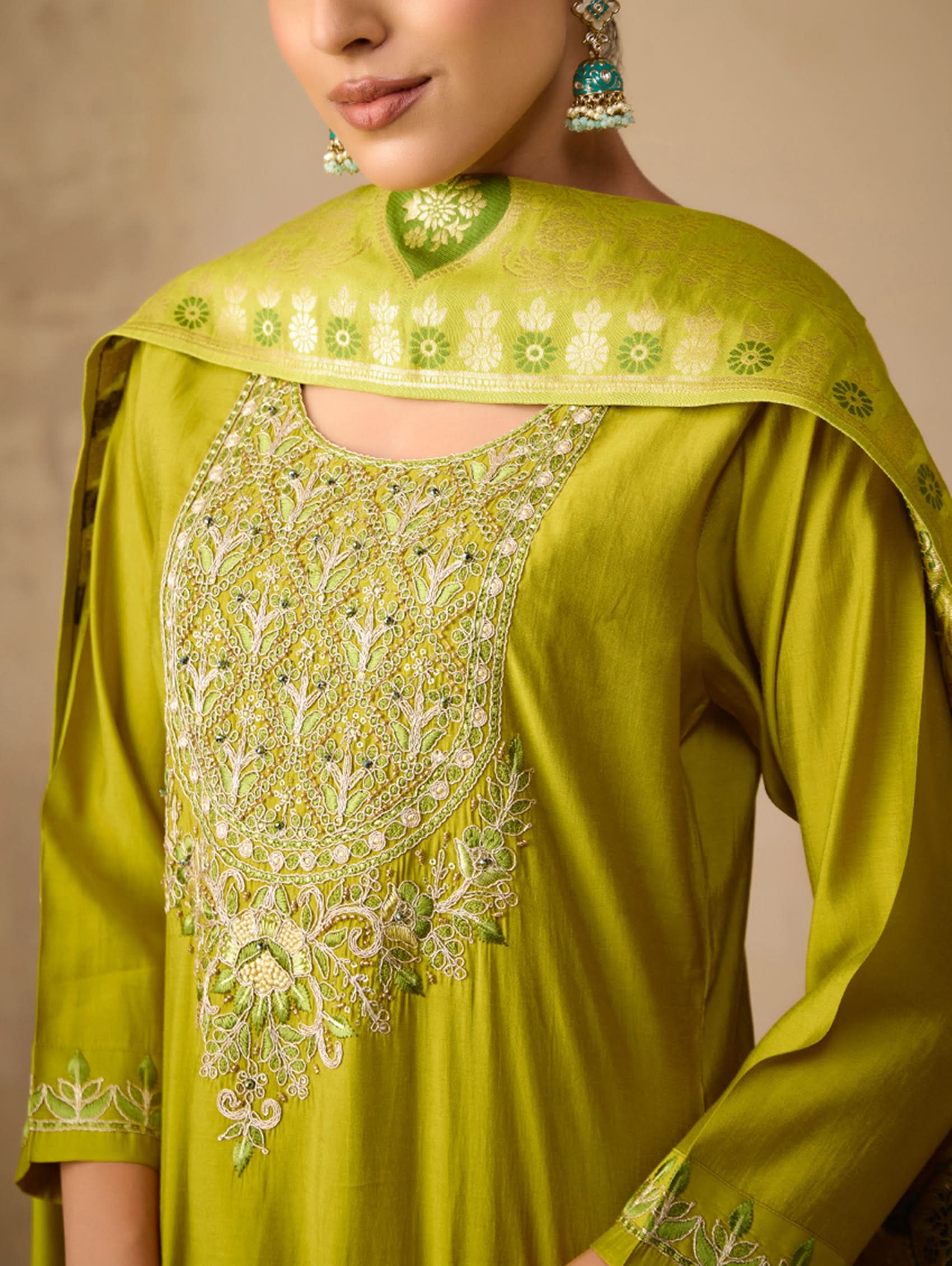 Embroidered lime-green dress top with gold thread back panel