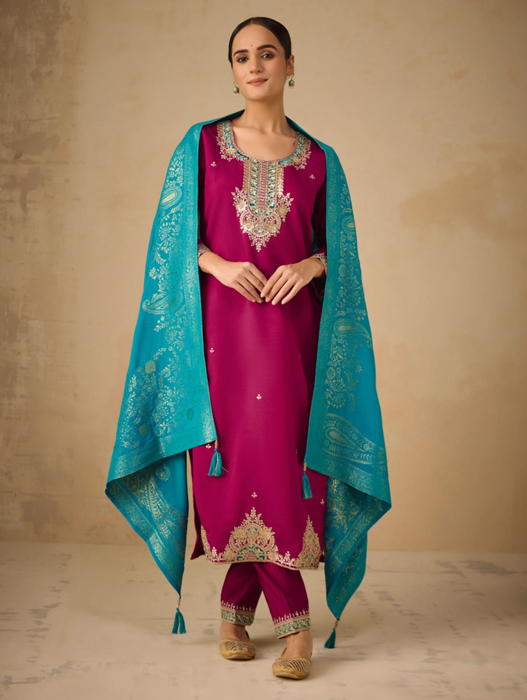 Embroidered berry suit set with teal dupatta, gold neckline and hem accents