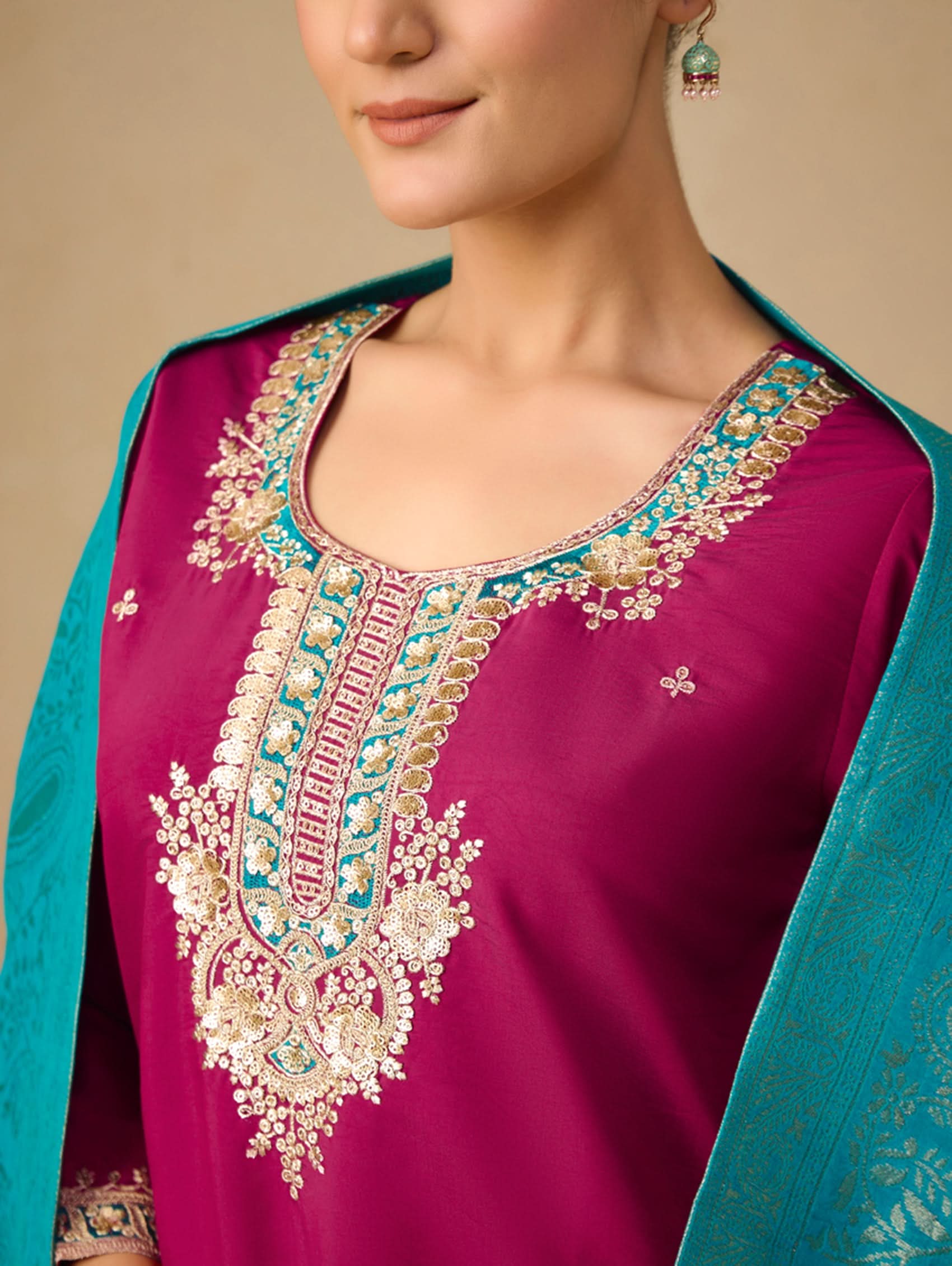 Berry kurta with ornate gold embroidery and teal lace-trim dupatta edge