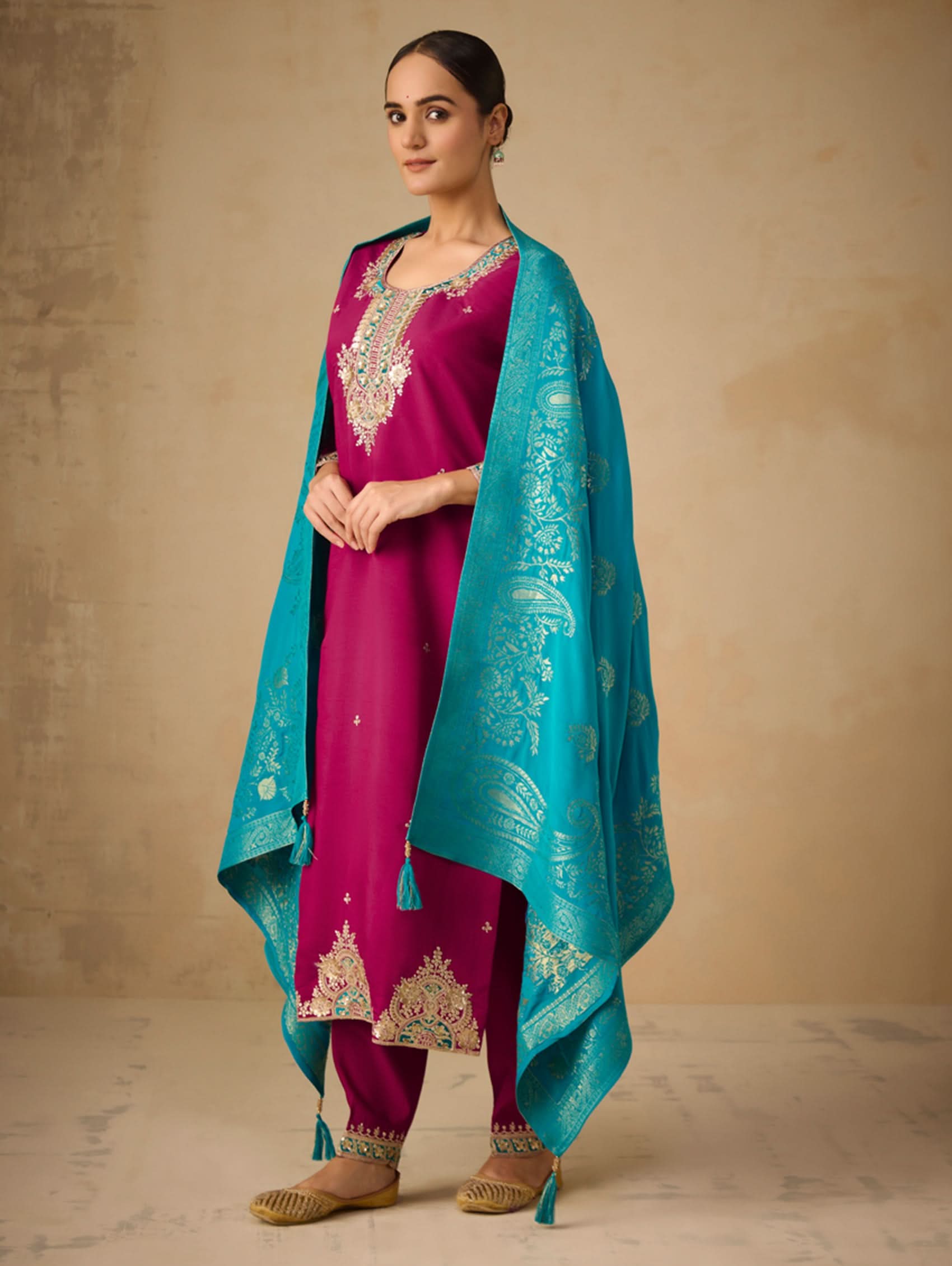 Embroidered berry kurta and pants with teal dupatta, full outfit view