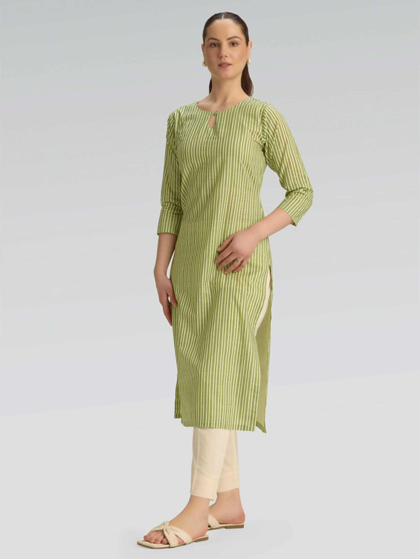 Plus size green printed cotton linen kurta for women — full front view with keyhole neckline and three-quarter sleeves