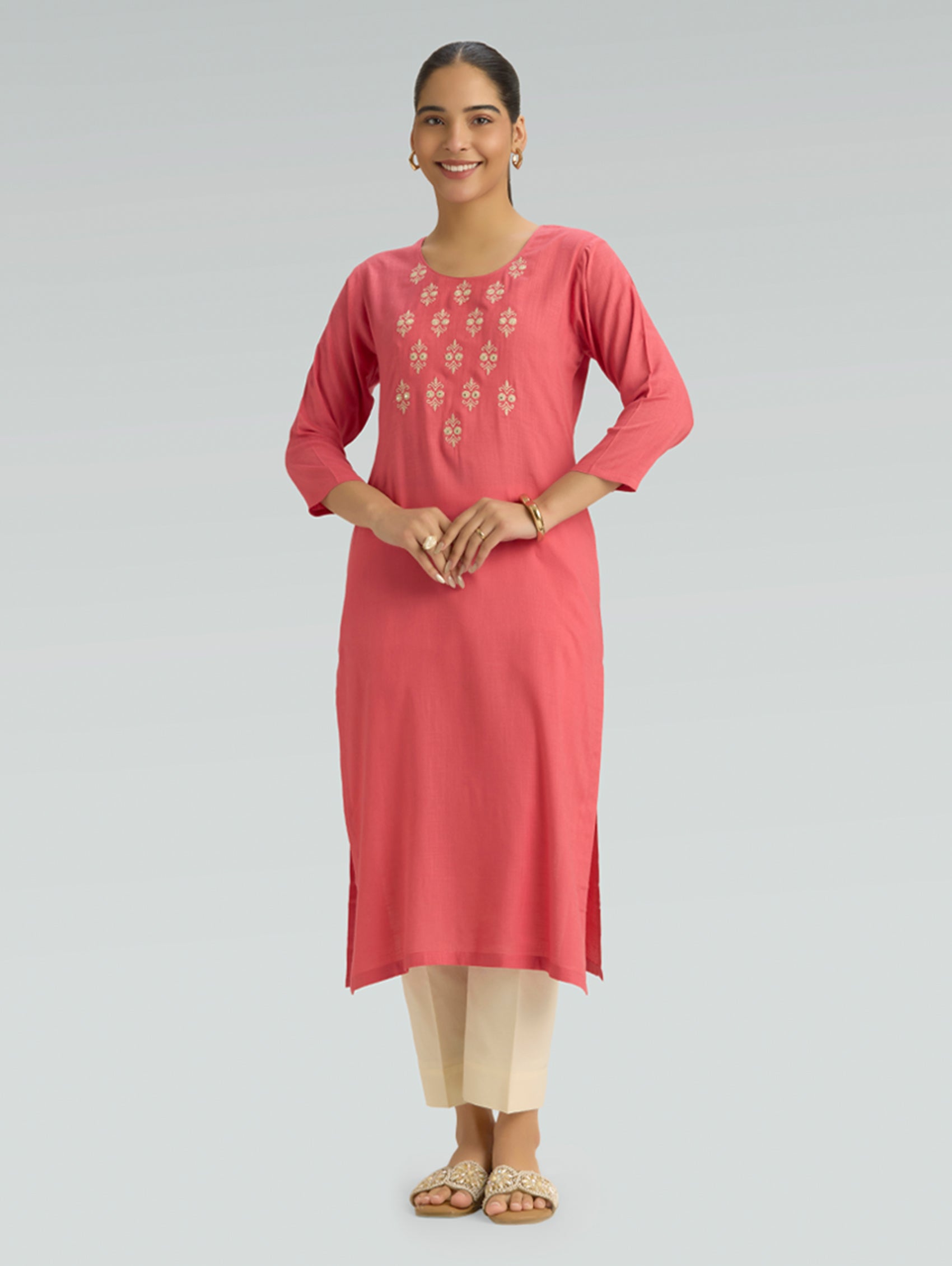 Red embroidered viscose rayon slub straight kurta full front view midi length
