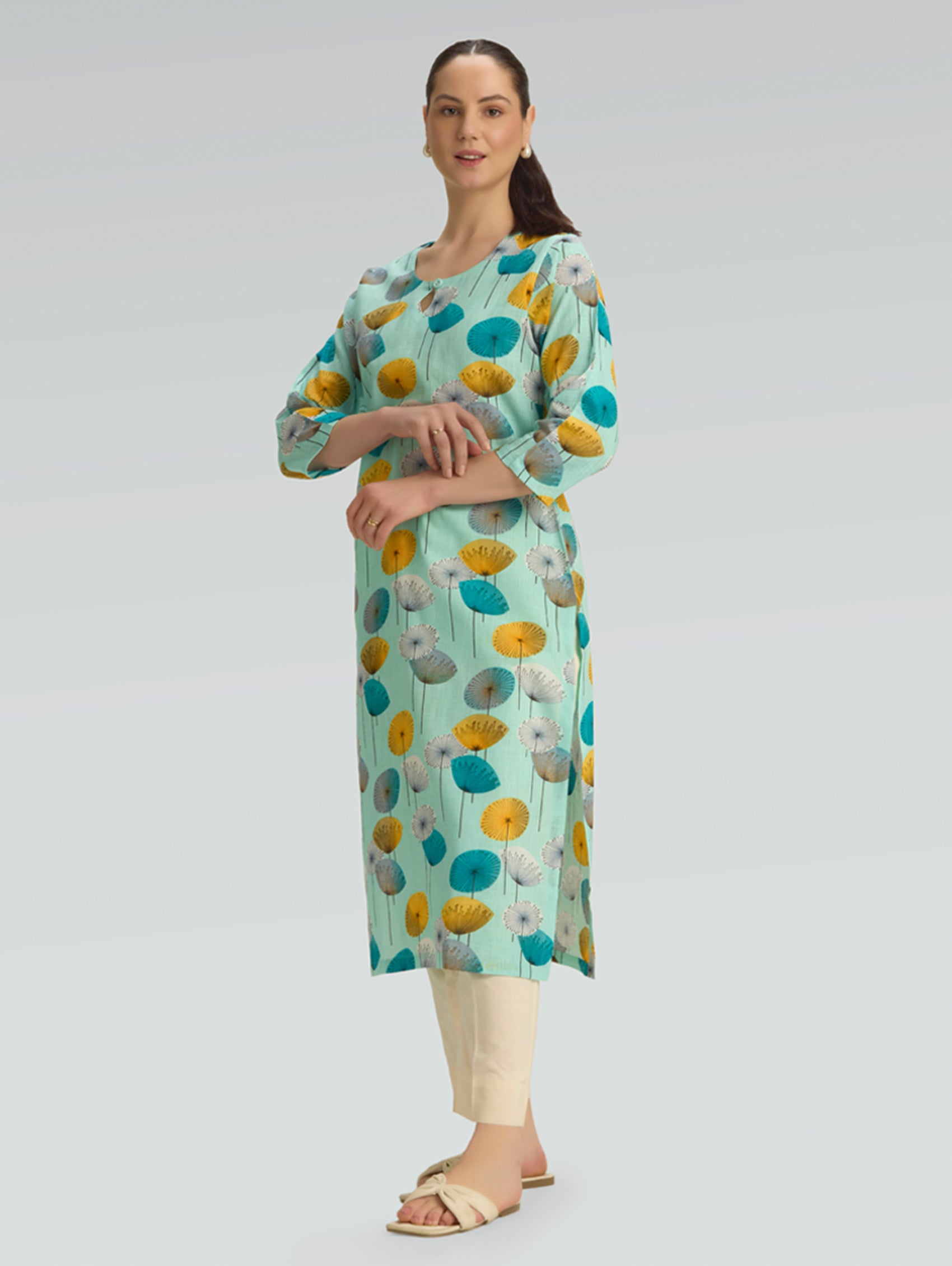 Mint green floral printed cotton linen straight kurta for women with three-quarter sleeves