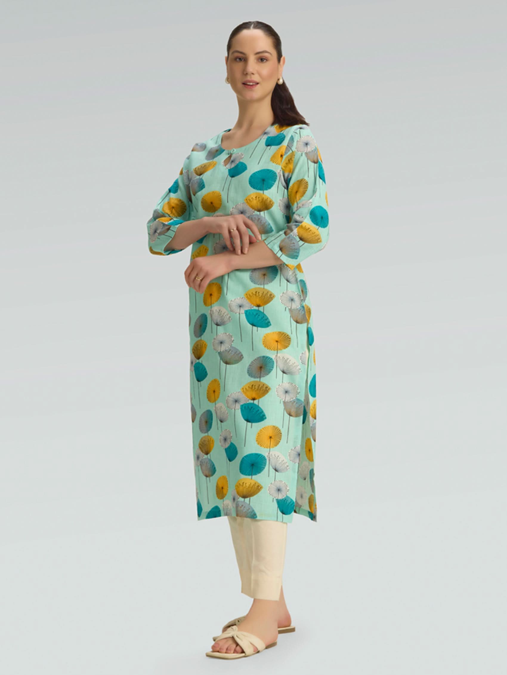 Mint green floral printed cotton linen straight kurta for women with three-quarter sleeves